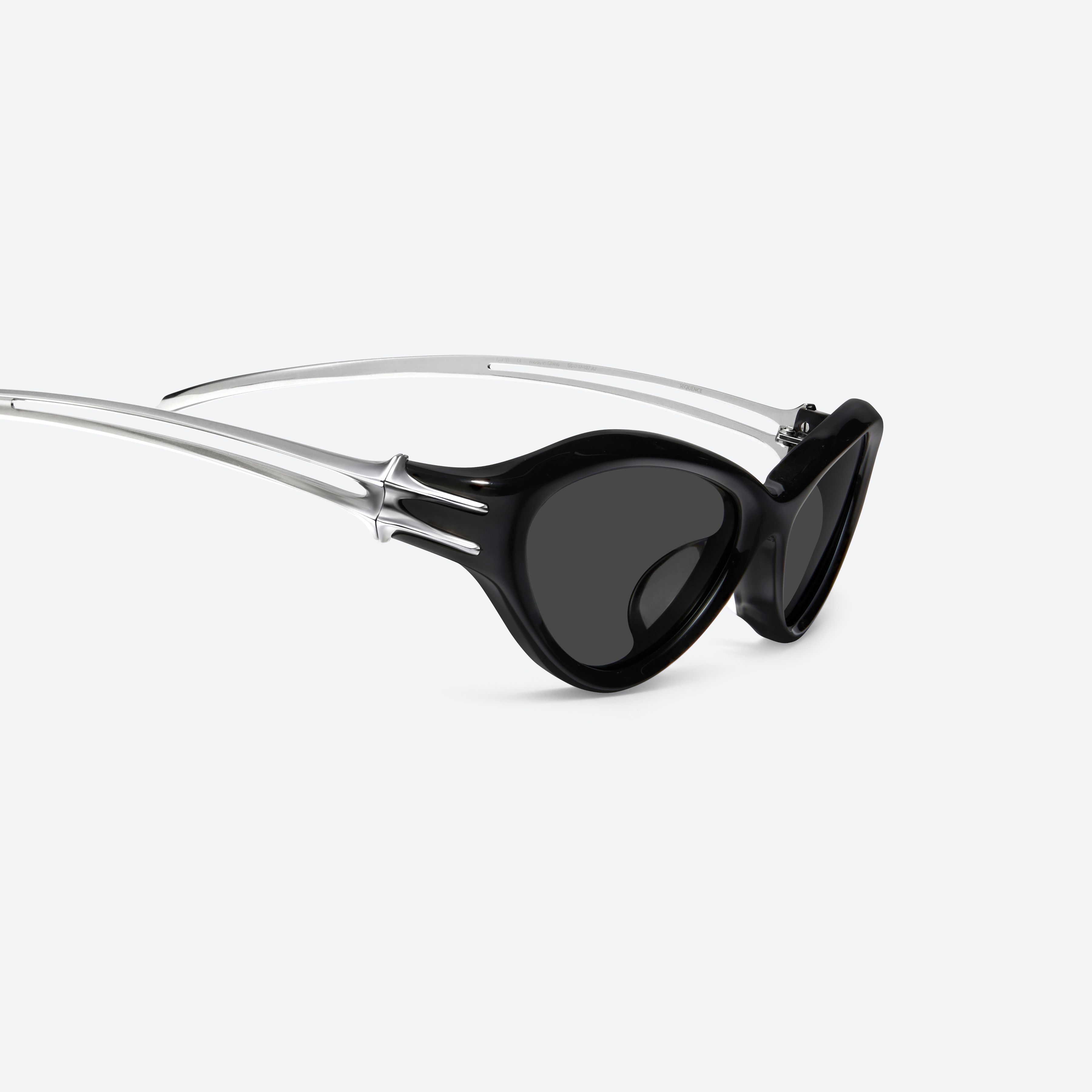 45-degree detailed view of Gentle Monster Sequence 01 Black Mixed framed Wraparound sunglasses.