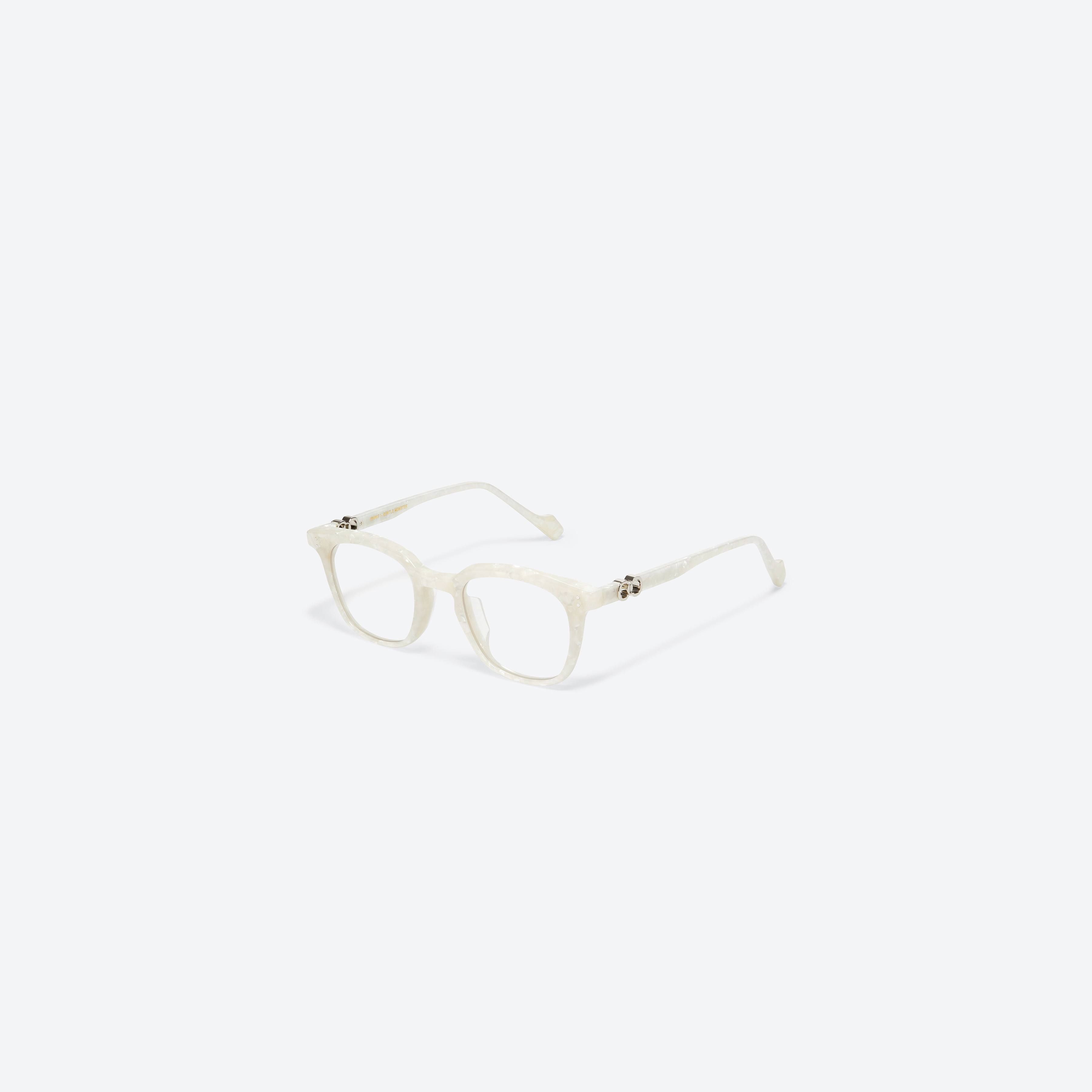 45-degree view of Gentle Monster Jennie - Zen WD2 White Mixed framed Square glasses.