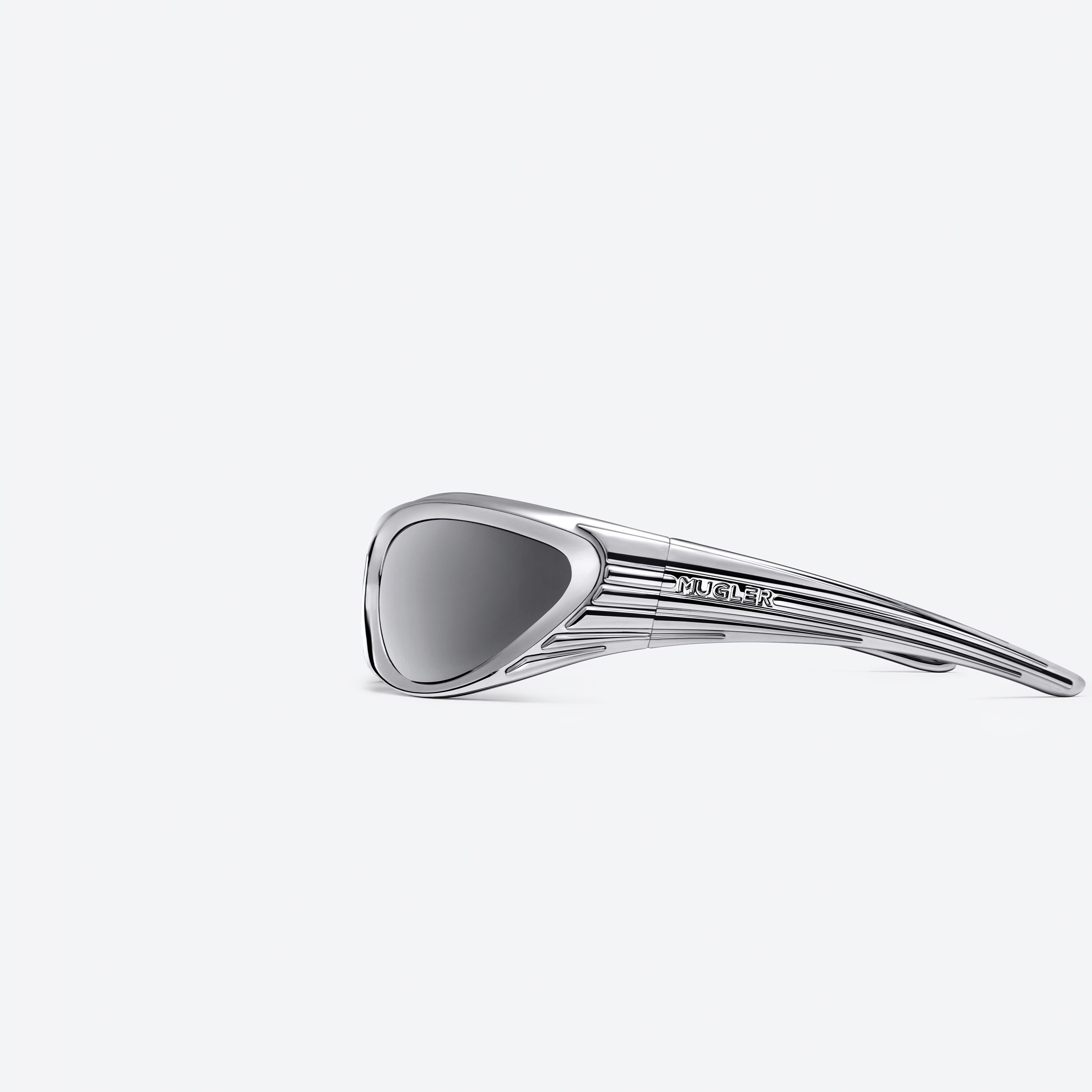 A detailed left view of Gentle Monster Mugler - Spiral 02 CS1 Silver Nylon framed Wraparound sunglasses.