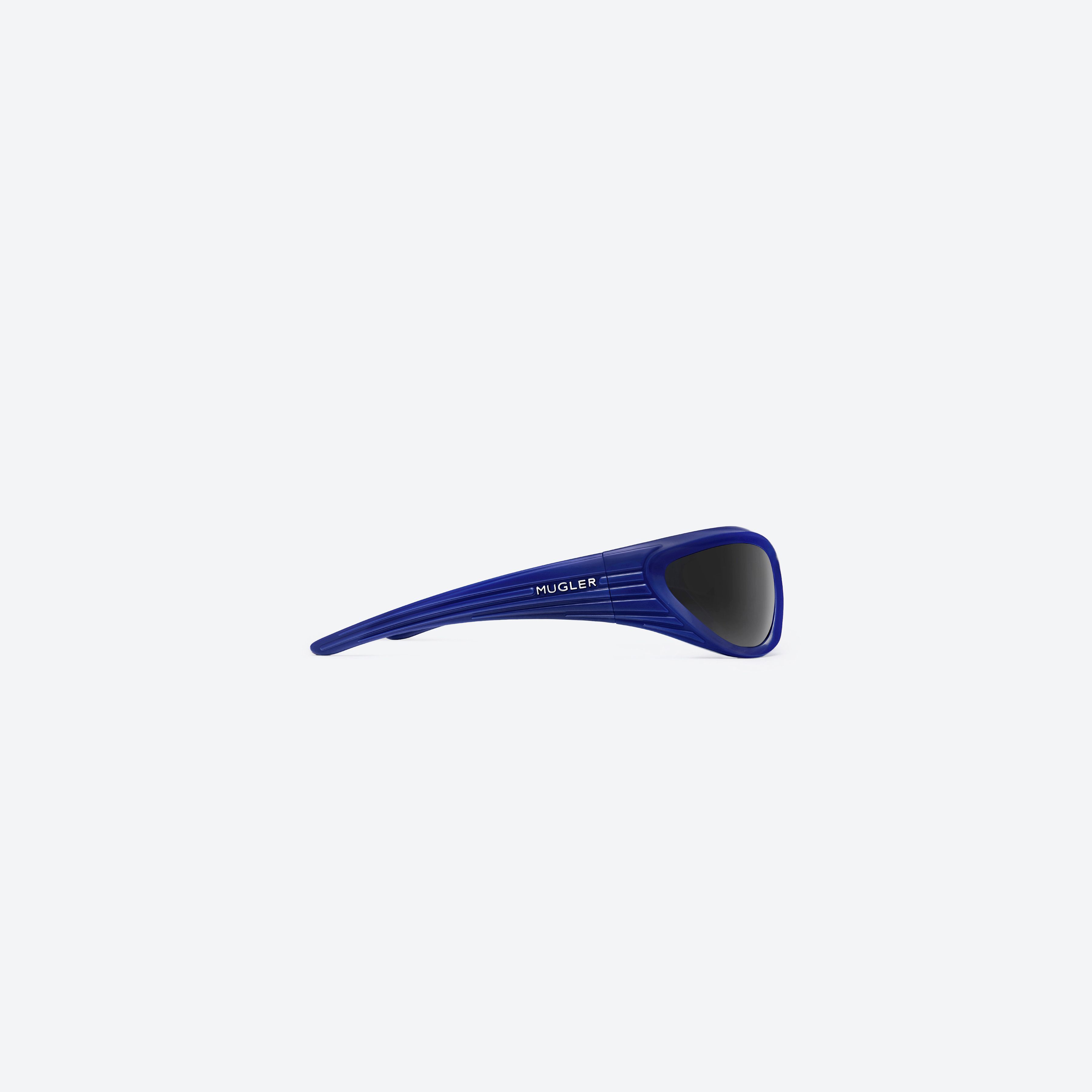 A detailed right view of Gentle Monster Mugler - Spiral 02 V2 Purple Nylon framed Wraparound sunglasses.