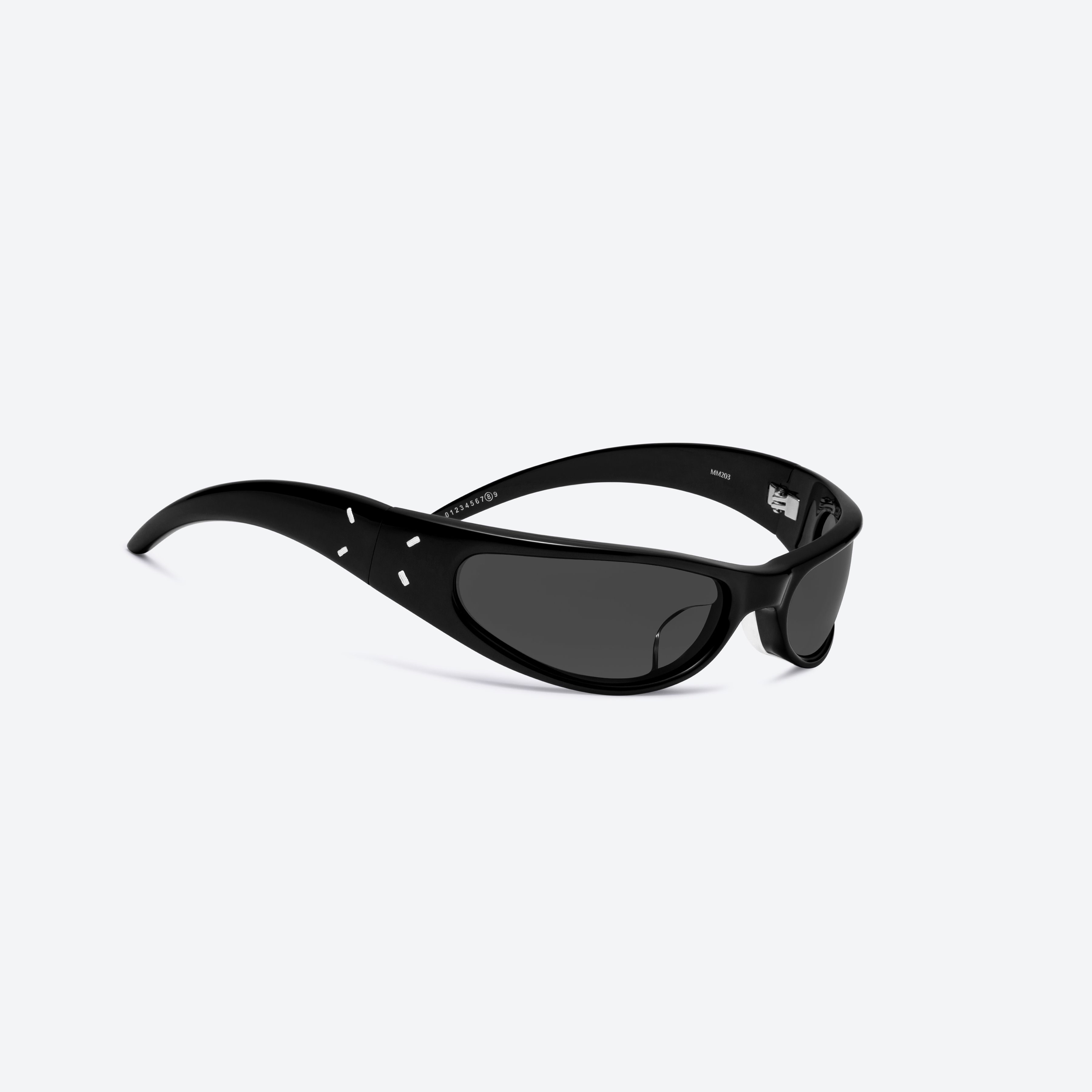 45-degree detailed view of Gentle Monster MM203 01 Black Acetate framed Wraparound sunglasses.