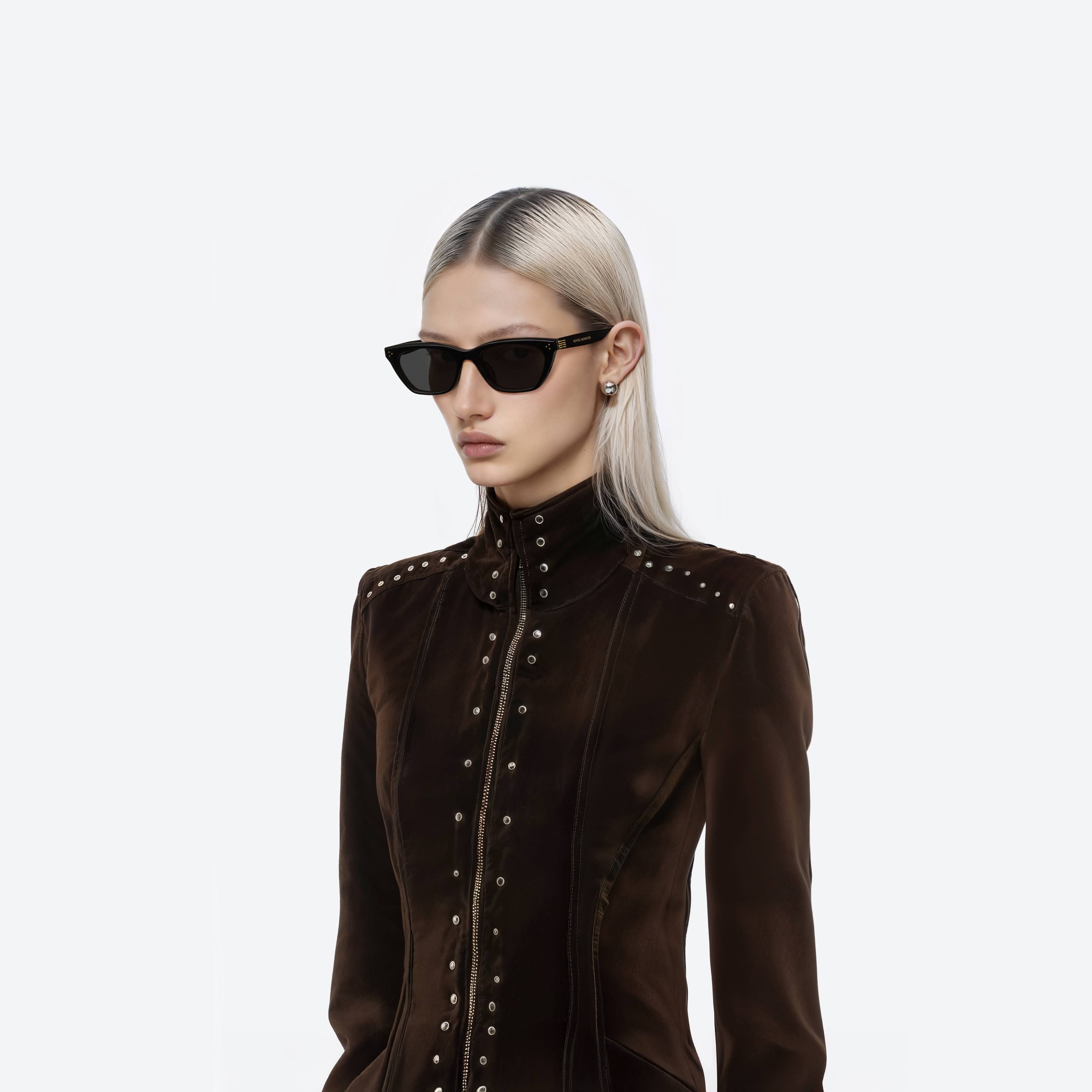 Model wearing the GISELE 01 Black Acetate framed Cat-eye sunglasses.