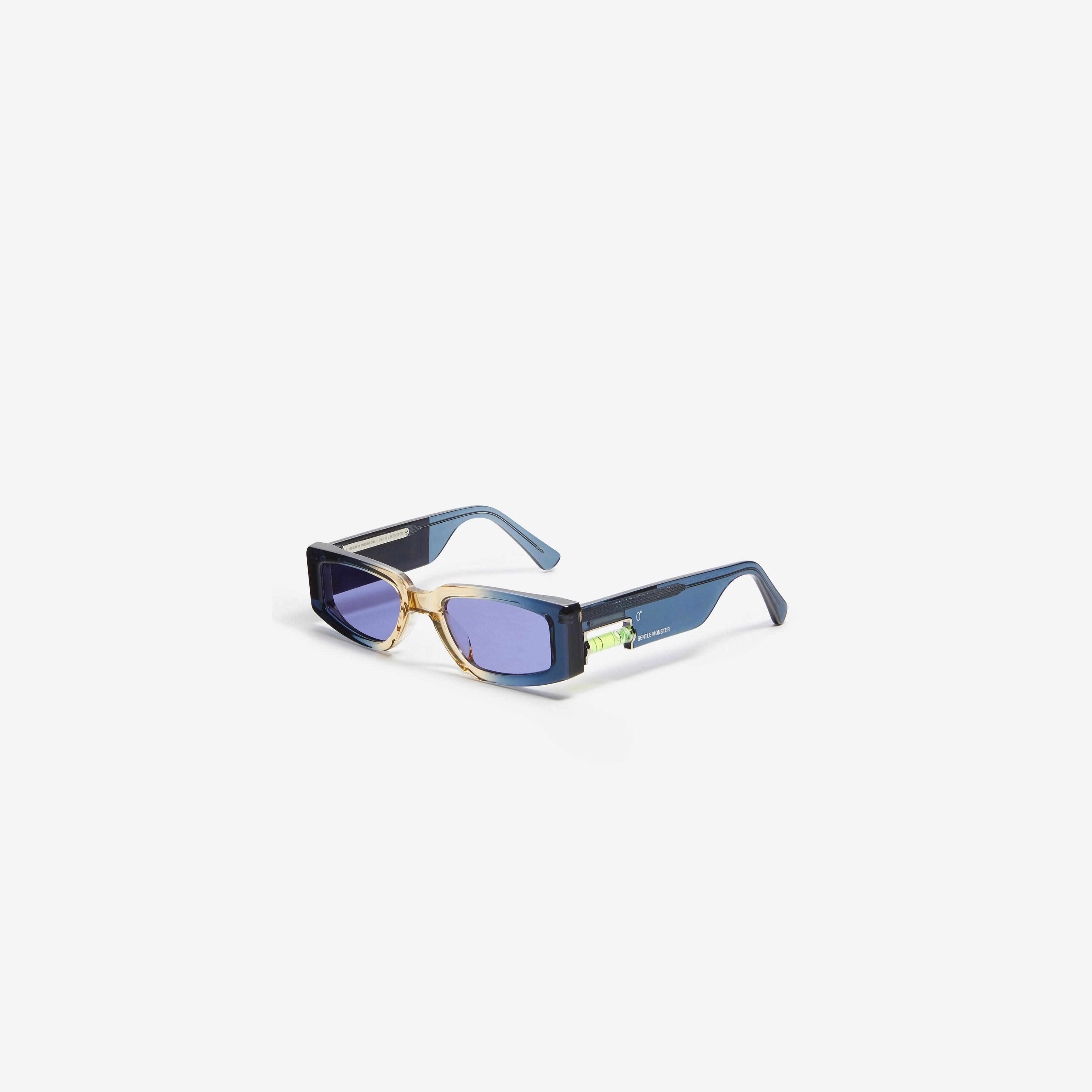 45-degree view of Gentle Monster Heron Preston - Level 0 NY1 Blue Acetate framed Square sunglasses.