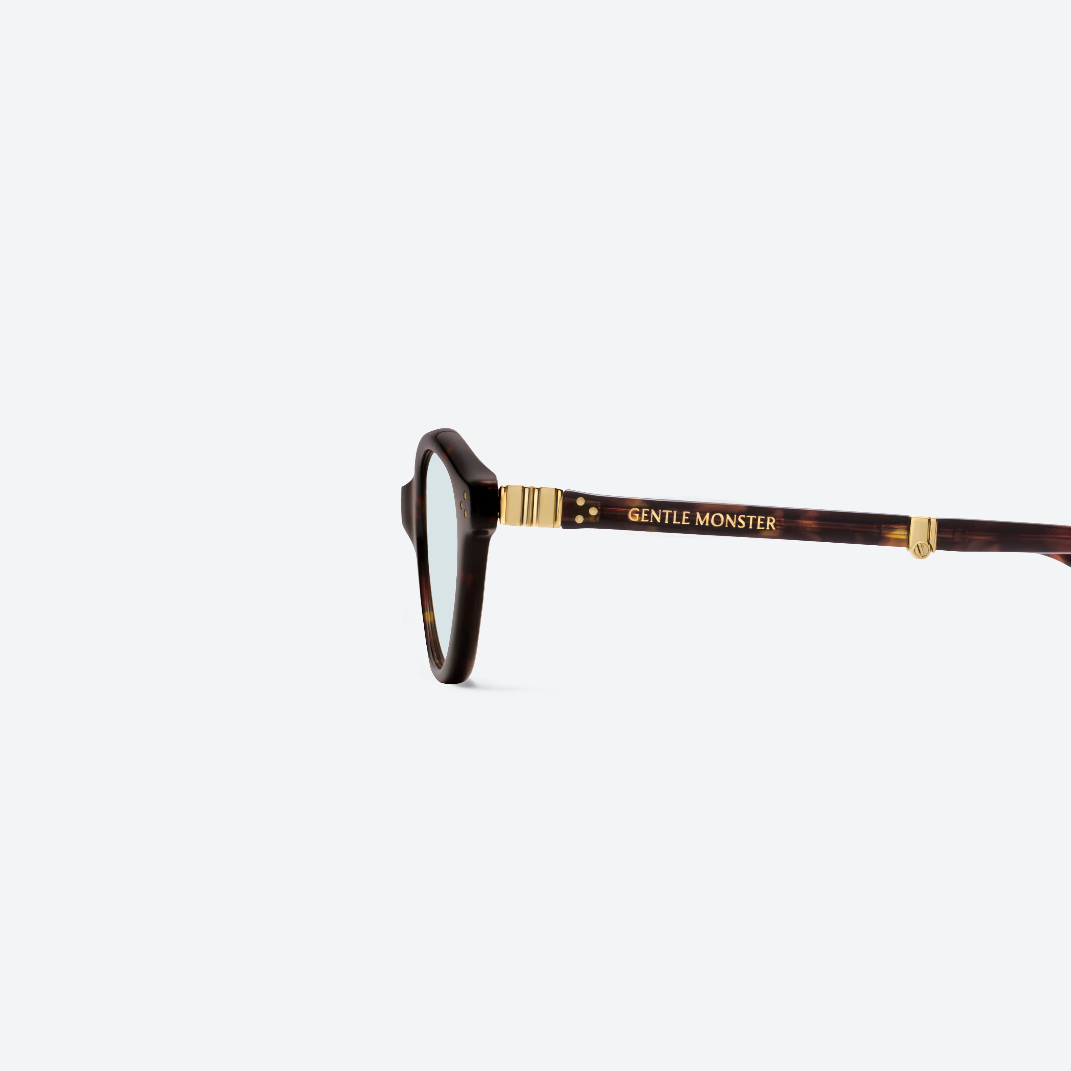 A detailed left view of Gentle Monster TAKION T1 Tortoise Mixed framed Round glasses.