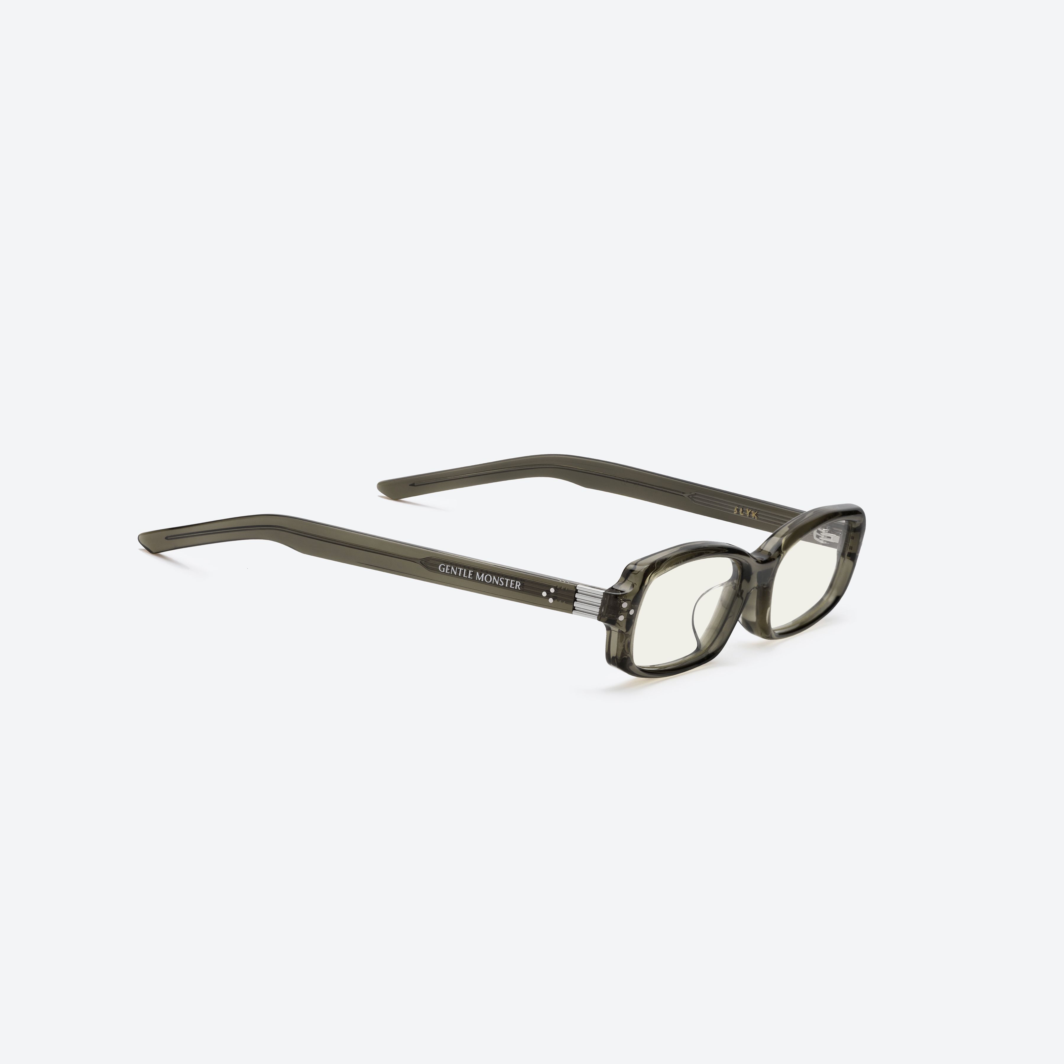 45-degree detailed view of Gentle Monster SLYK KC1 Green Acetate framed Square glasses.