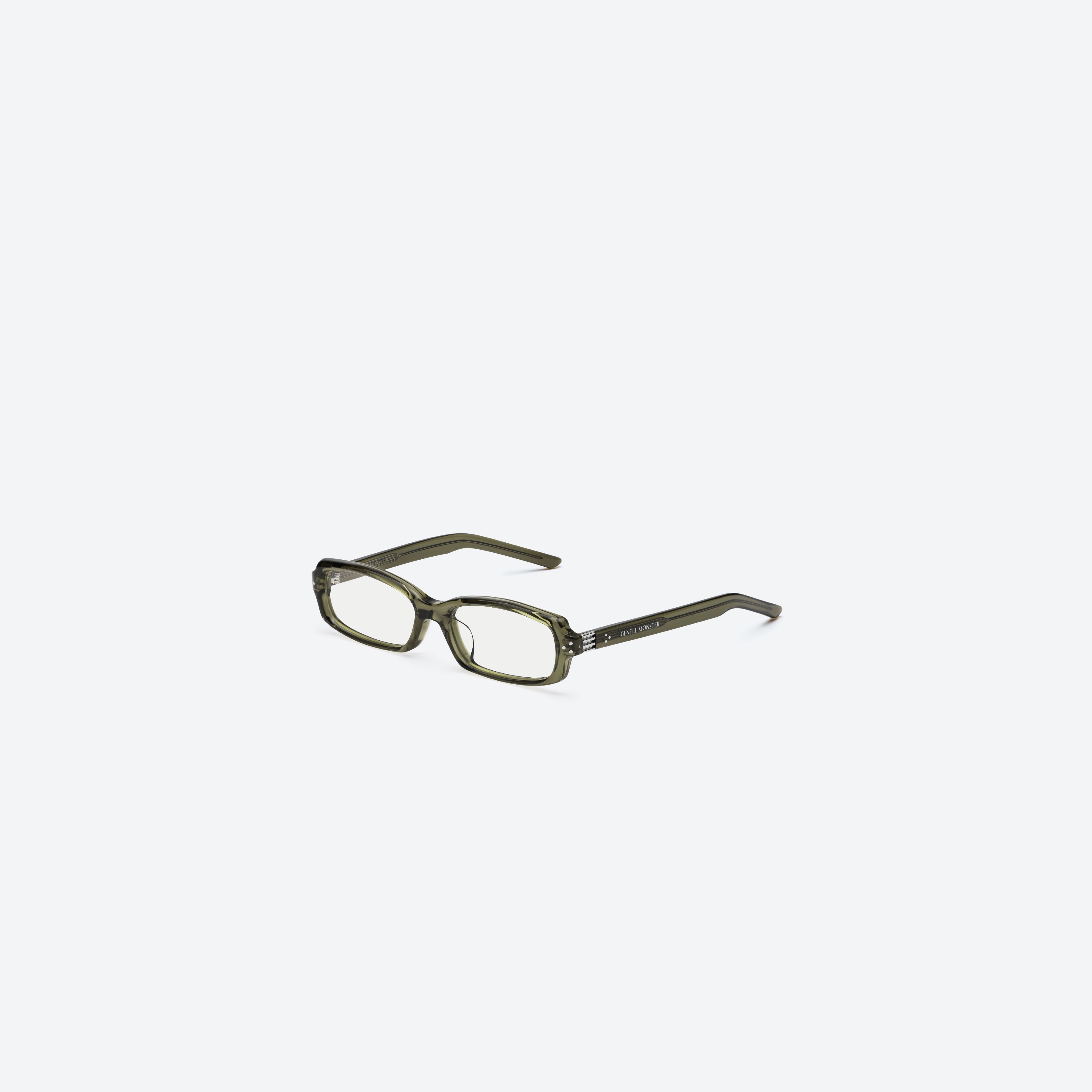 45-degree view of Gentle Monster SLYK KC1 Green Acetate framed Square glasses.