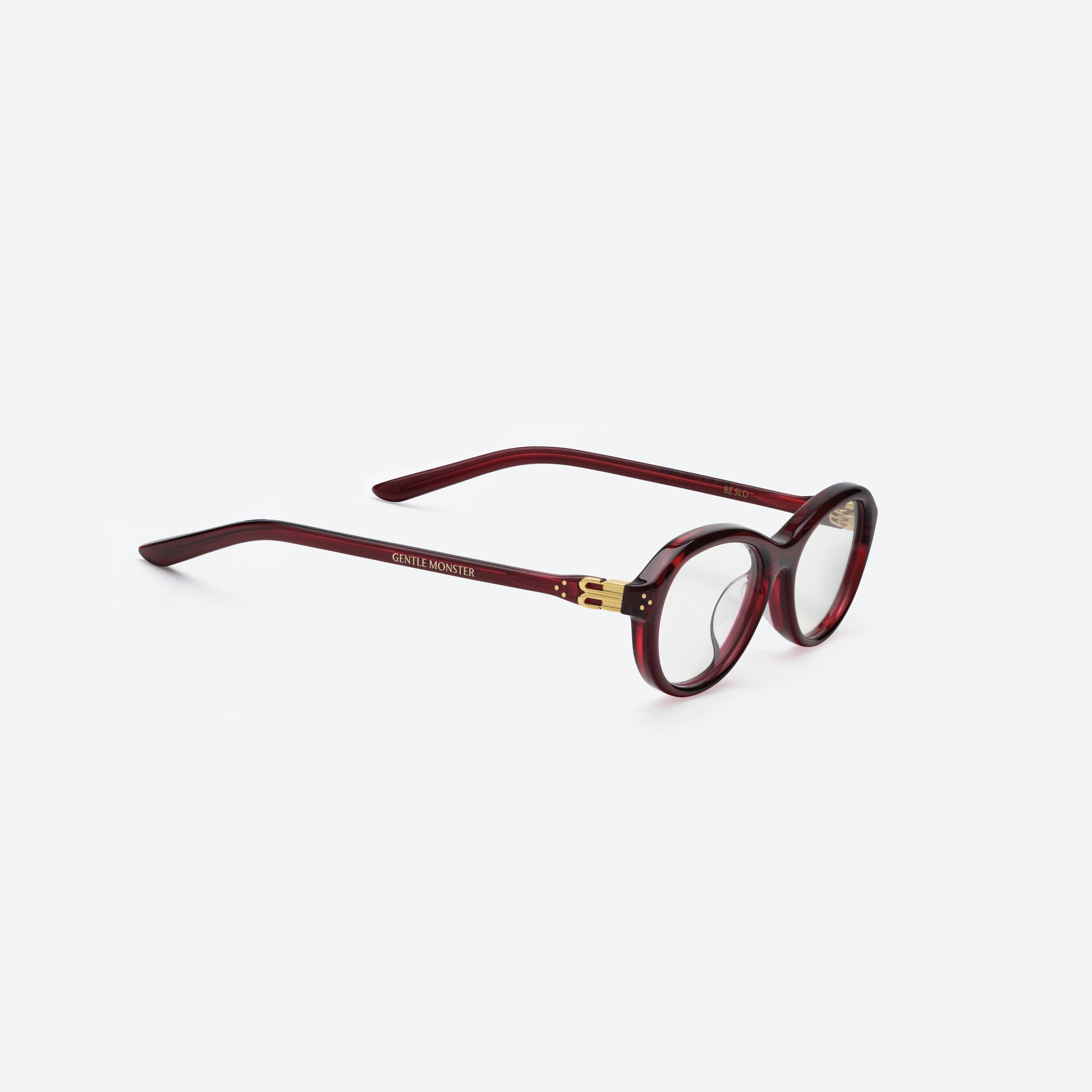 45-degree detailed view of Gentle Monster Be Slo RC7 Red Acetate framed Aviator glasses.