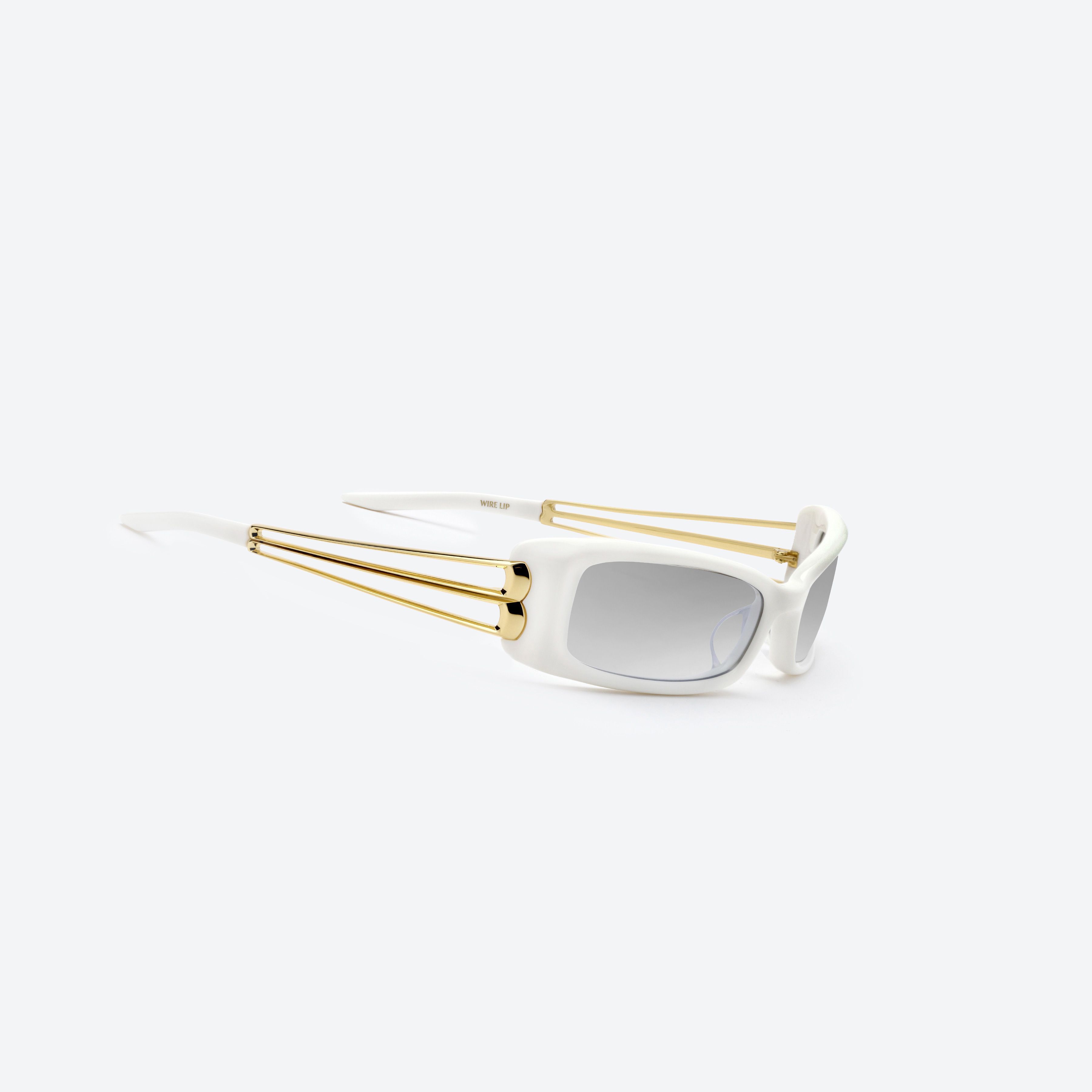45-degree detailed view of Gentle Monster Wire Lip W2 White Mixed framed Square sunglasses.