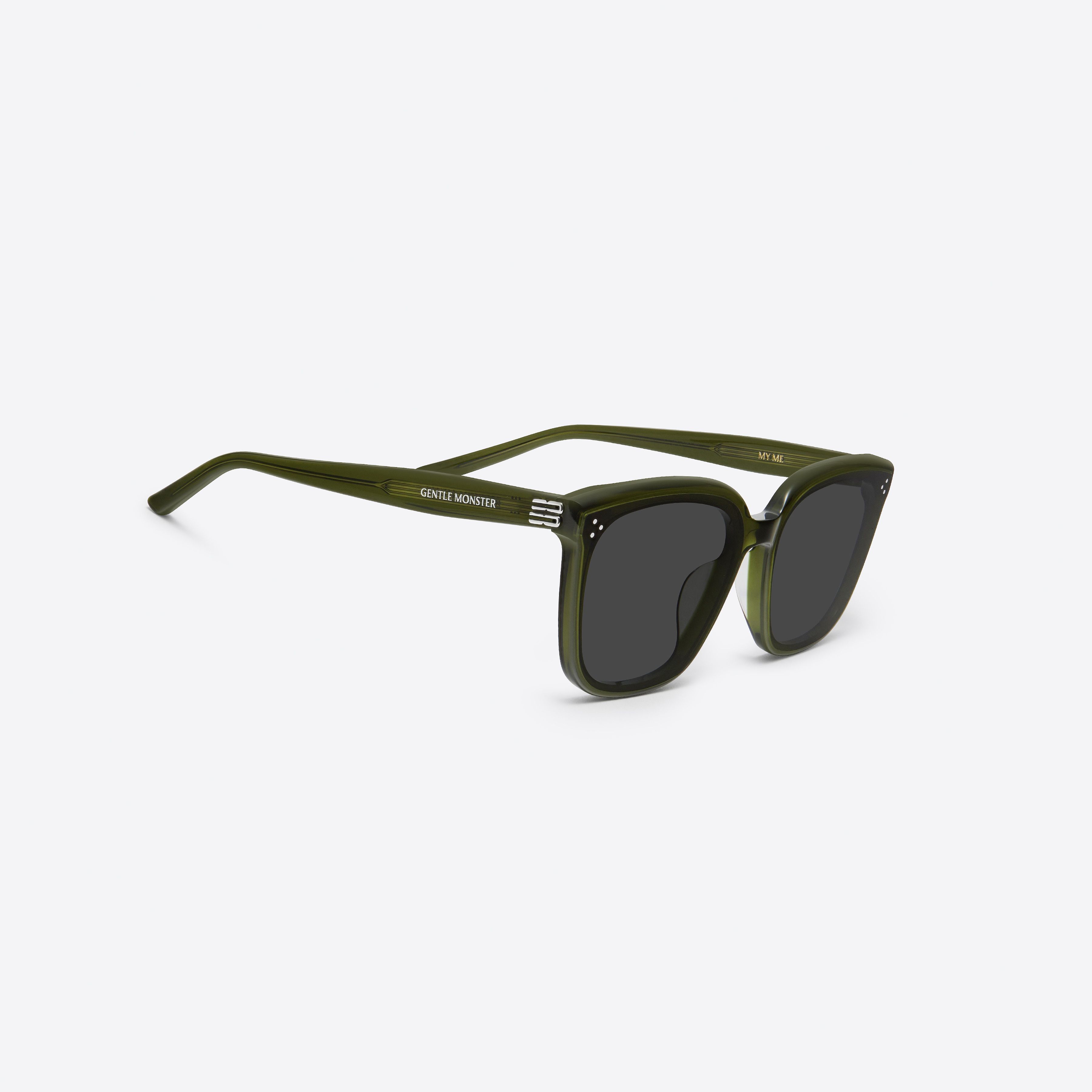 45-degree detailed view of Gentle Monster My Me KC2 Green Acetate framed Square sunglasses.