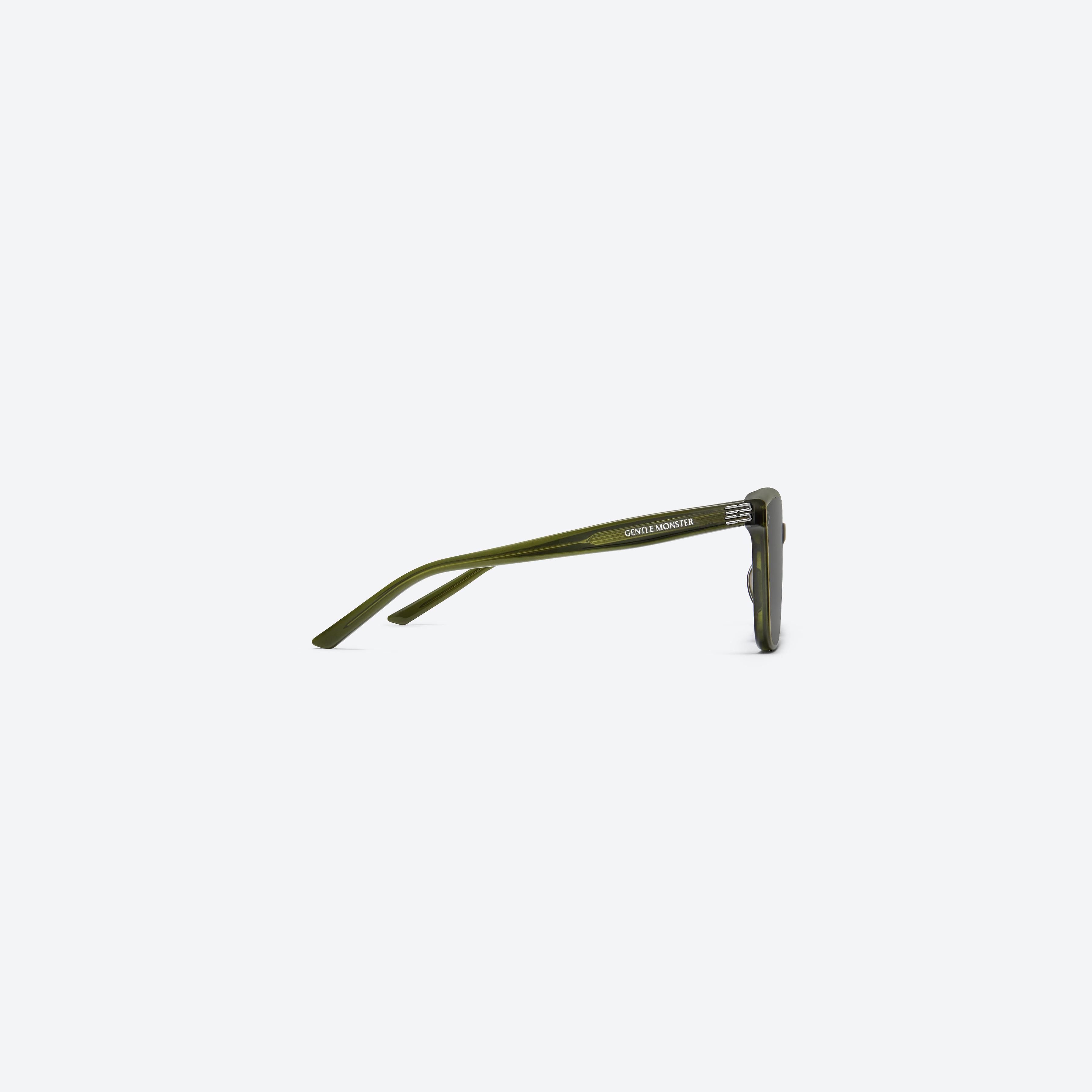 A detailed right view of Gentle Monster My Me KC2 Green Acetate framed Square sunglasses.