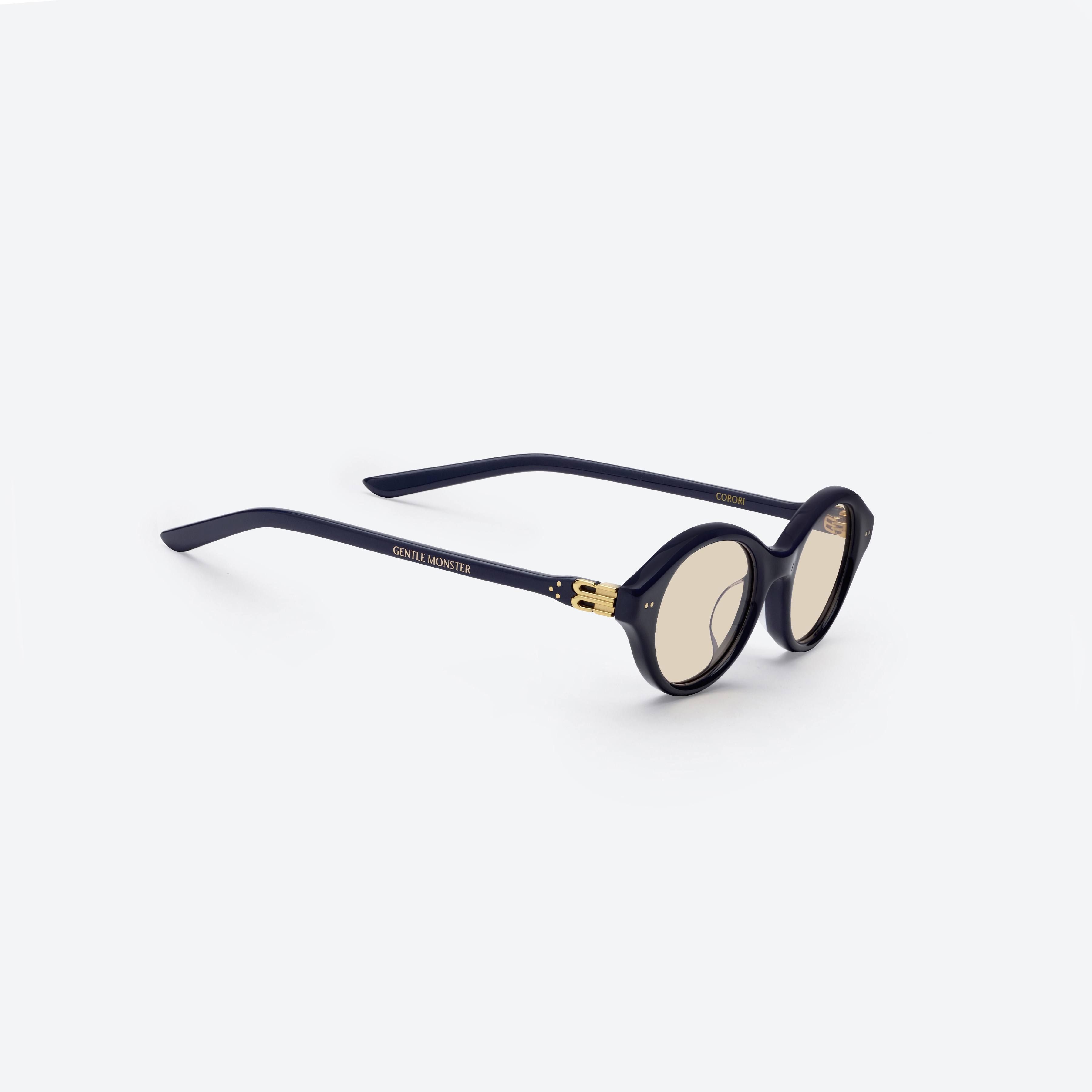45-degree detailed view of Gentle Monster Corori N6 Blue Acetate framed Oval glasses.