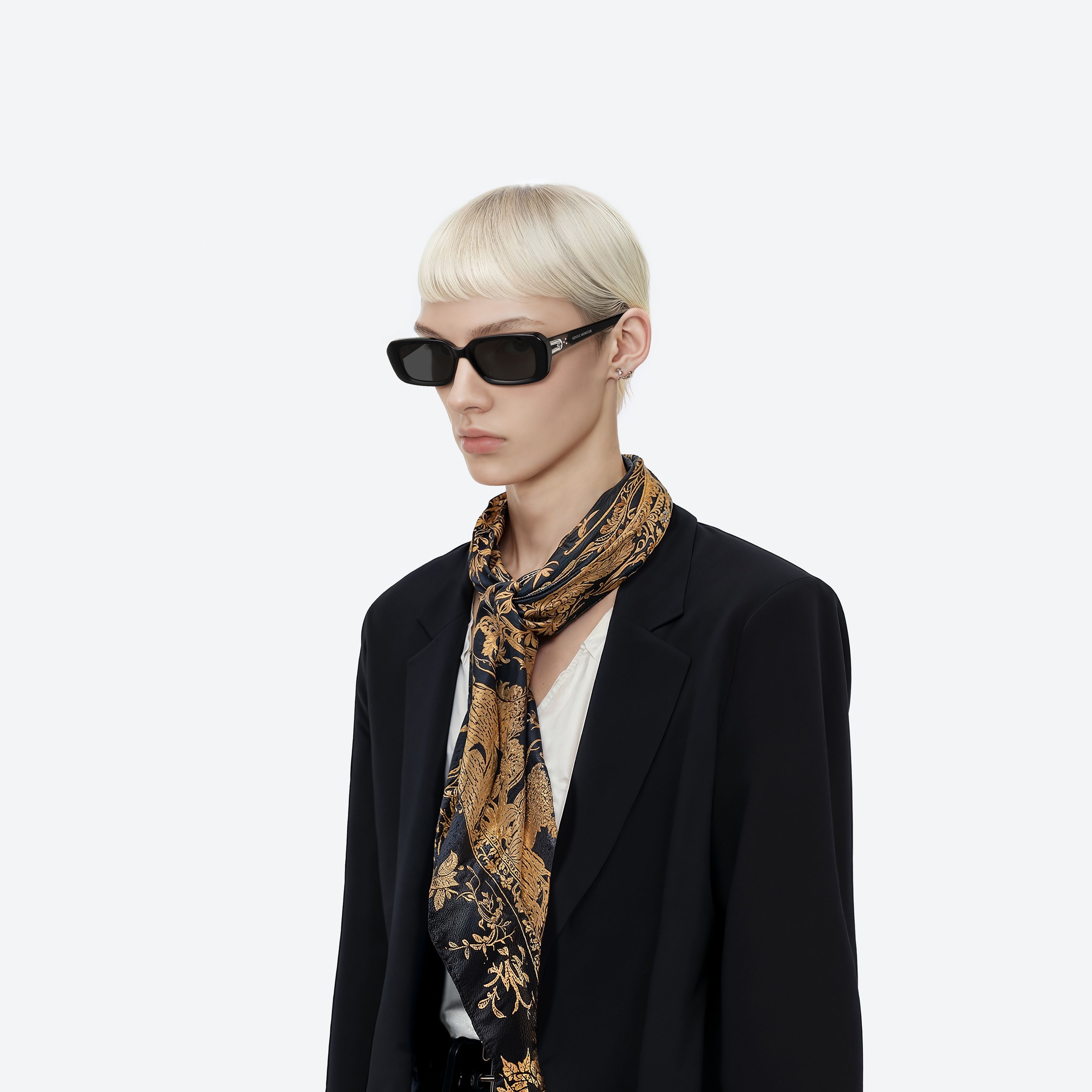 Model wearing the MELROSE 01 Black Acetate framed Square sunglasses.