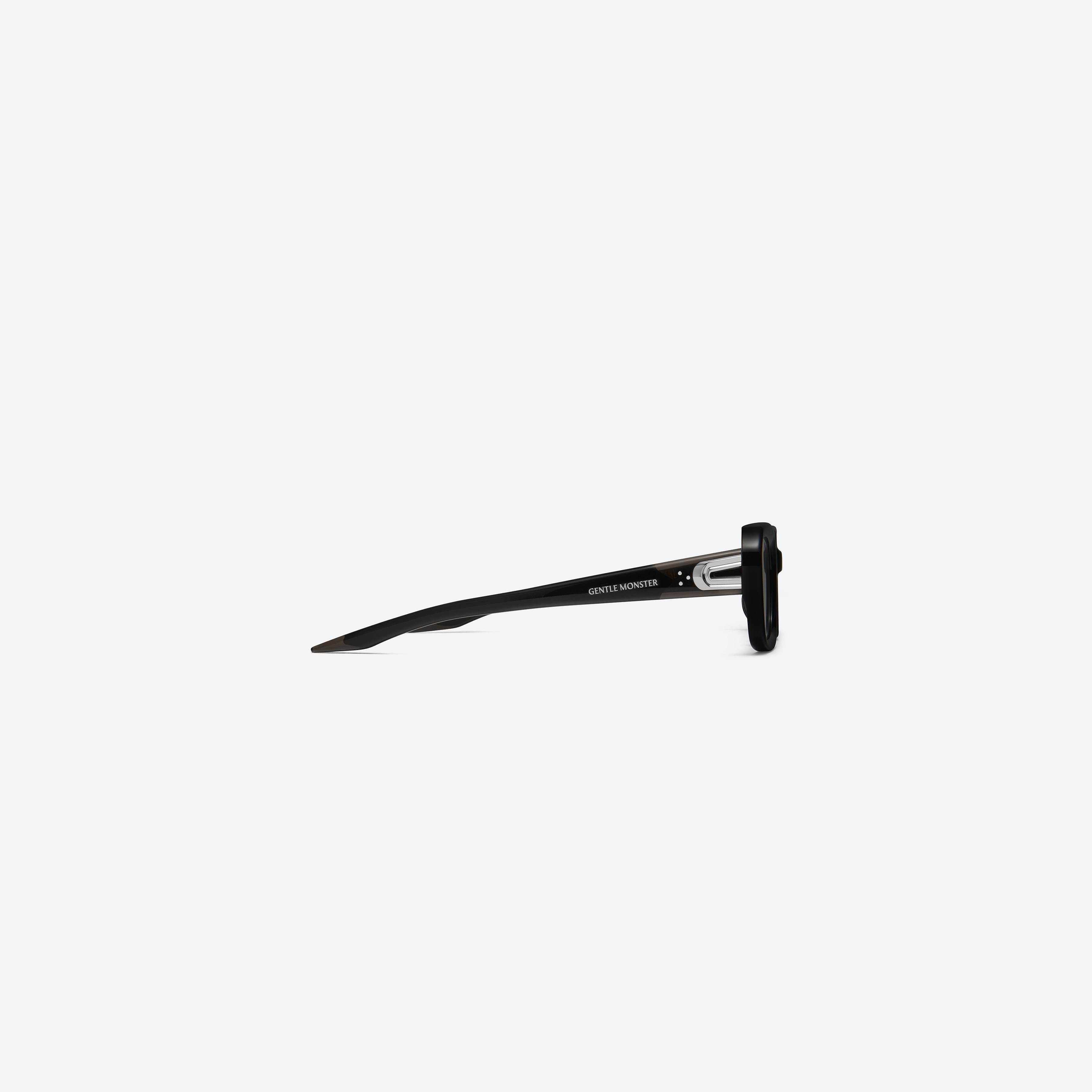 A detailed right view of Gentle Monster MELROSE 01 Black Acetate framed Square sunglasses.