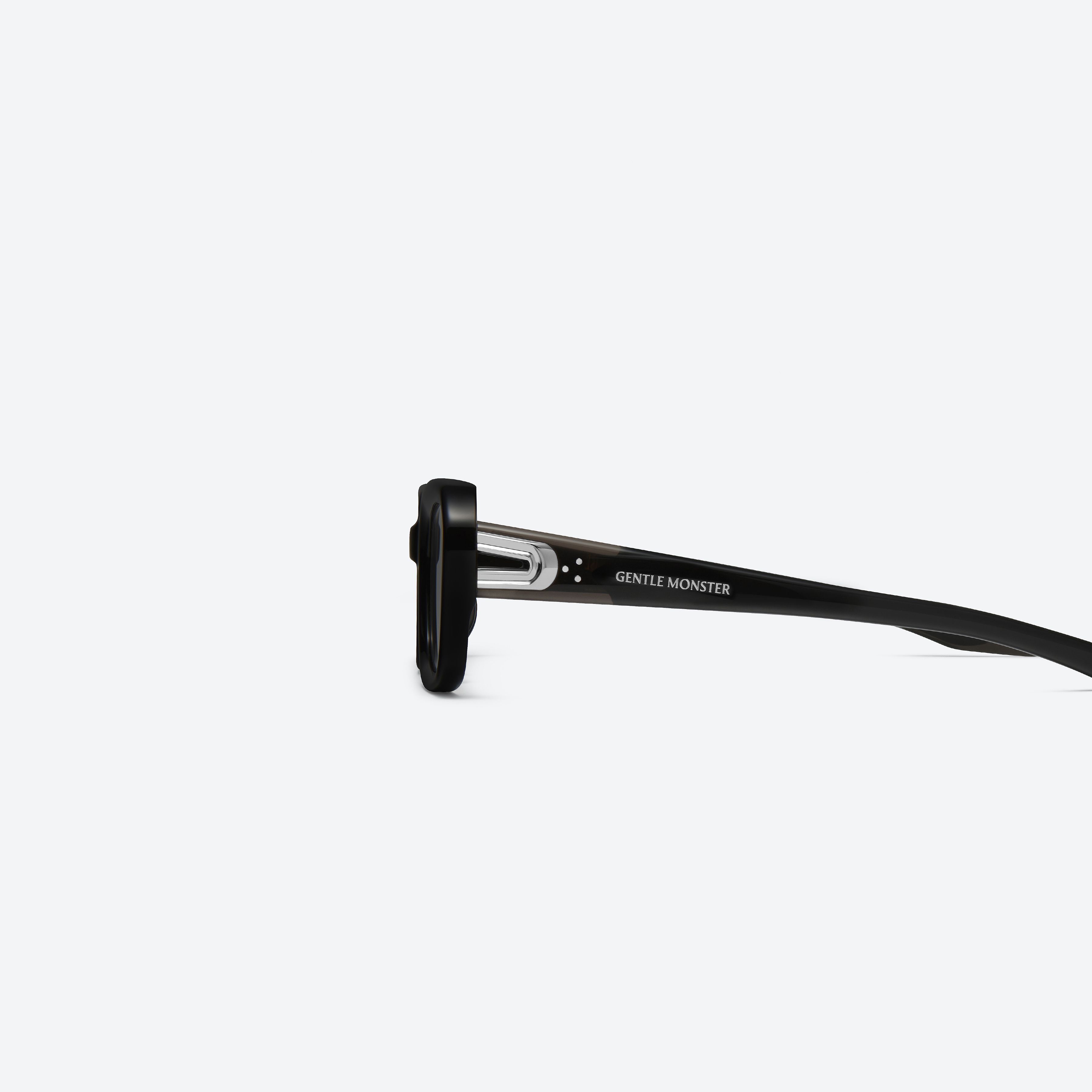 A detailed left view of Gentle Monster MELROSE 01 Black Acetate framed Square sunglasses.