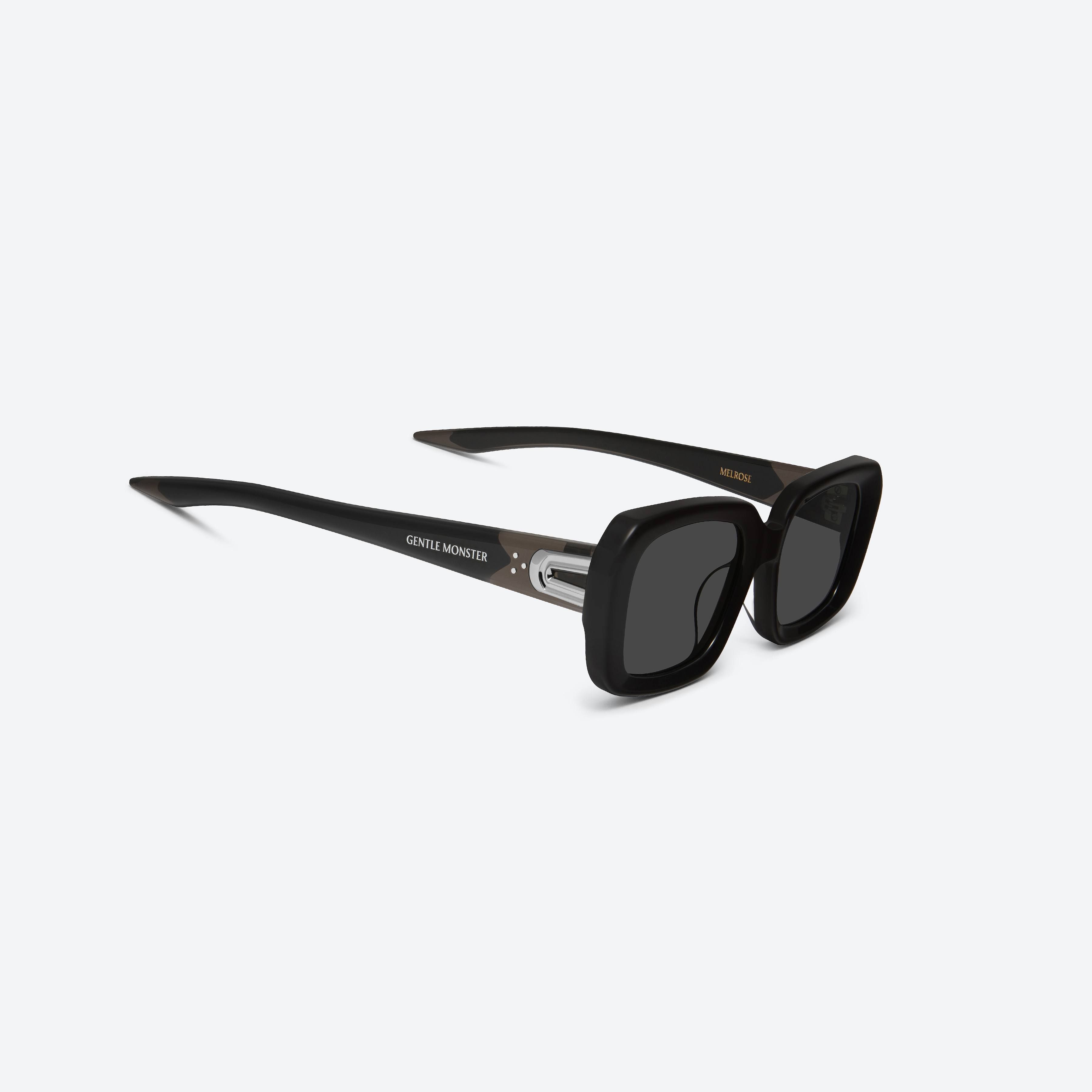 45-degree detailed view of Gentle Monster MELROSE 01 Black Acetate framed Square sunglasses.