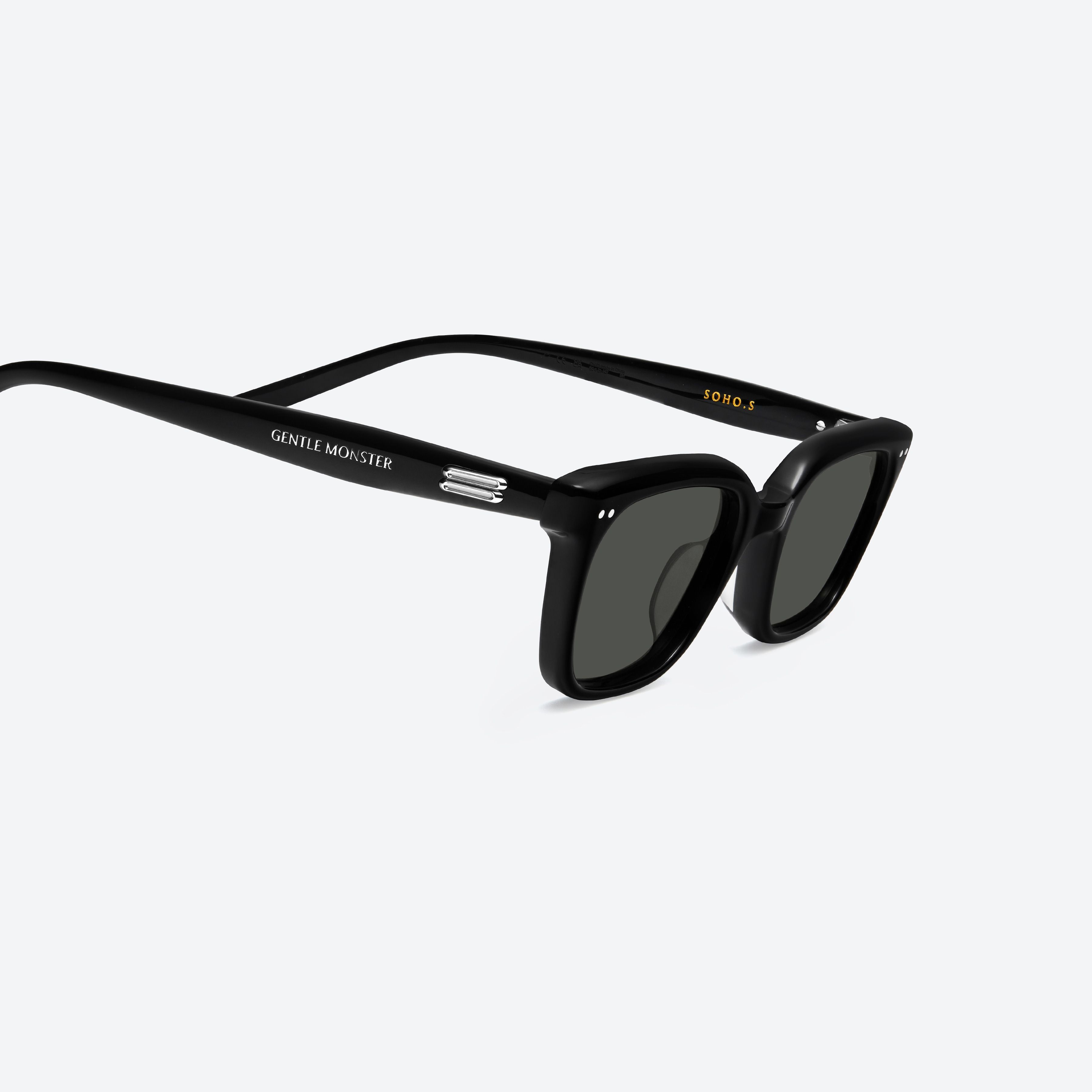 45-degree detailed view of Gentle Monster Soho.s 01 Black Acetate framed Square sunglasses.