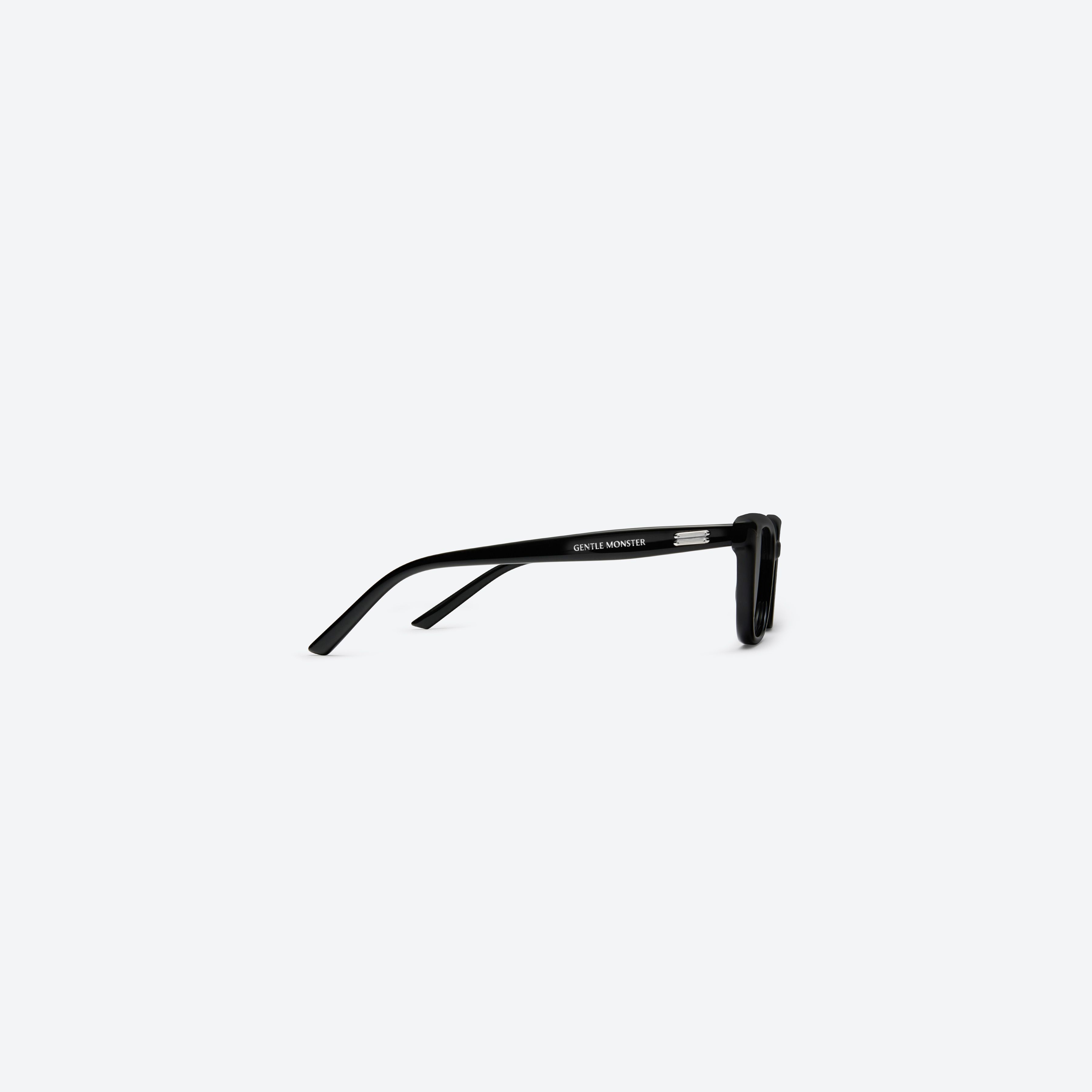 A detailed right view of Gentle Monster Soho.s 01 Black Acetate framed Square sunglasses.