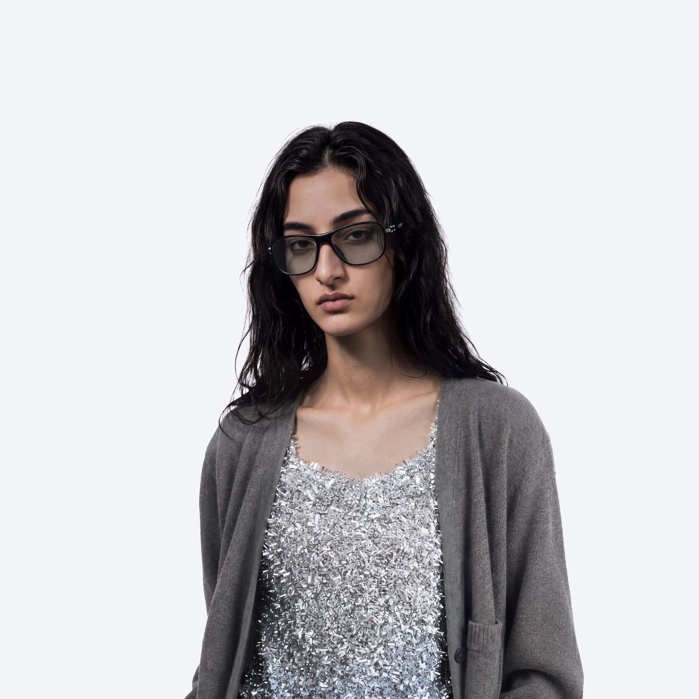 Model wearing the Maison Margiela - MM319 01 Black Metal framed Aviator sunglasses.