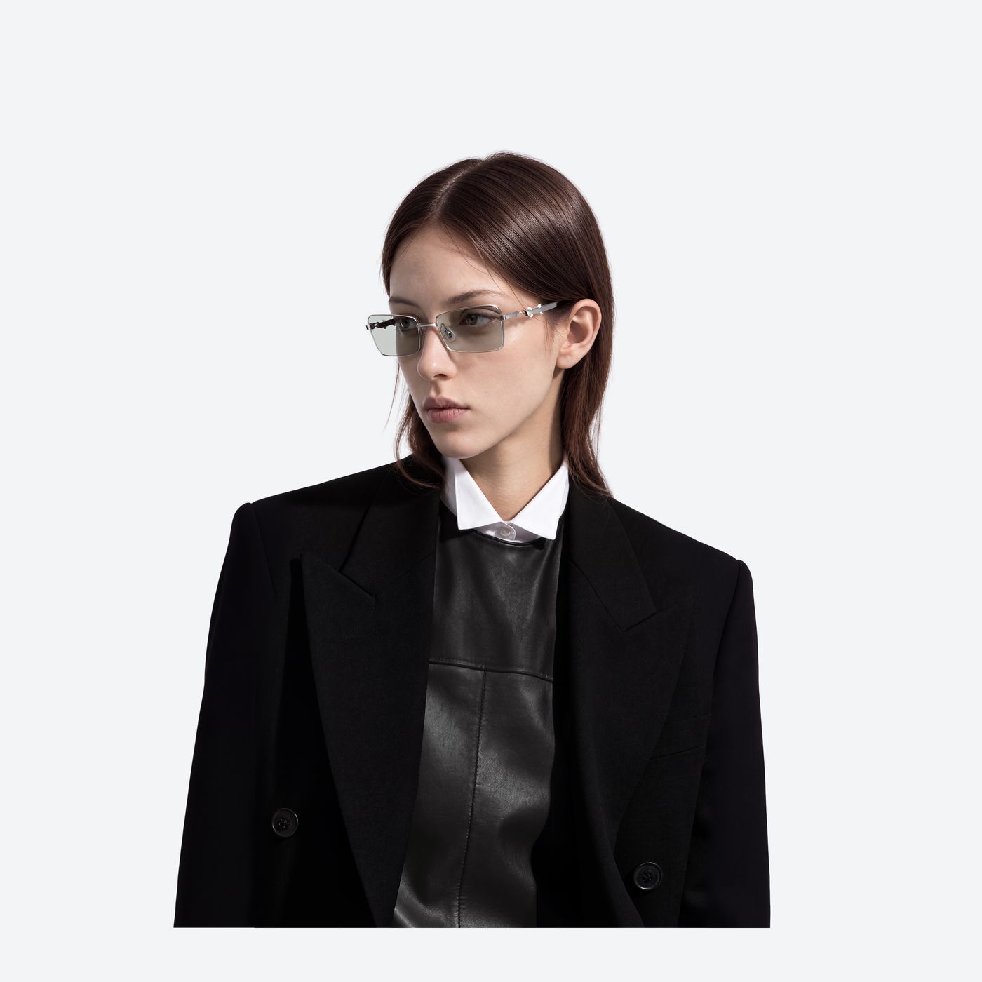 Model wearing the Maison Margiela - MM302 02 Silver Metal framed Square sunglasses.