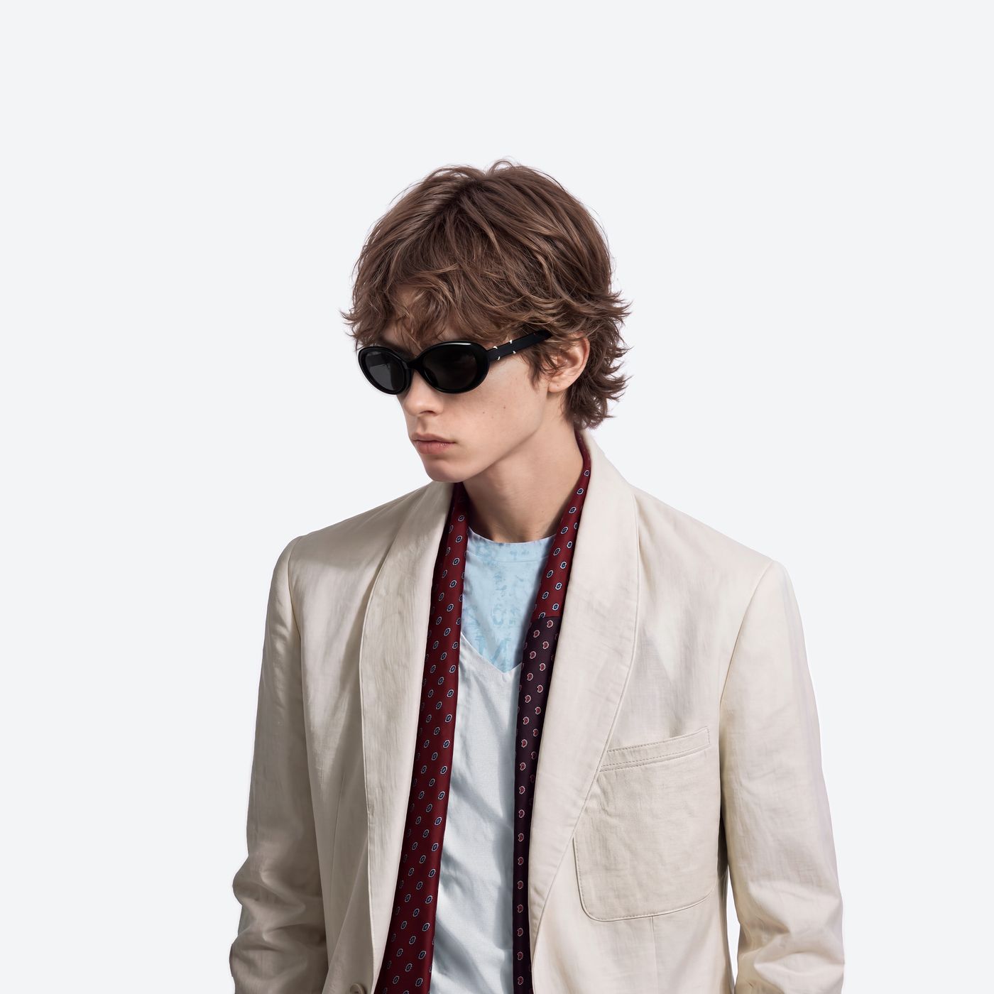 Model wearing the Maison Margiela - MM317 01 Black Acetate framed Oval sunglasses.