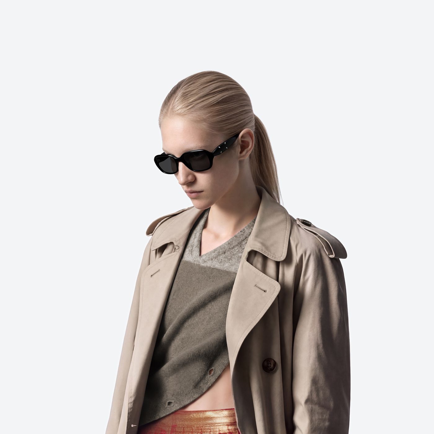 Model wearing the Maison Margiela - MM306 01(G) Black Acetate framed Square sunglasses.
