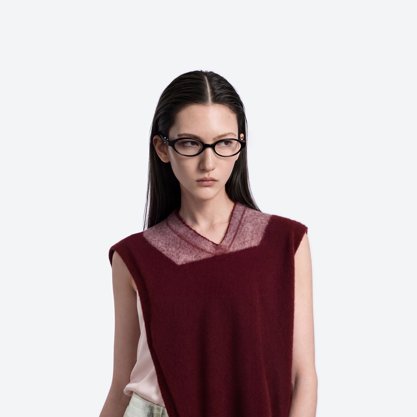 Model wearing the Maison Margiela - MM312 01 Black Acetate framed Oval glasses.