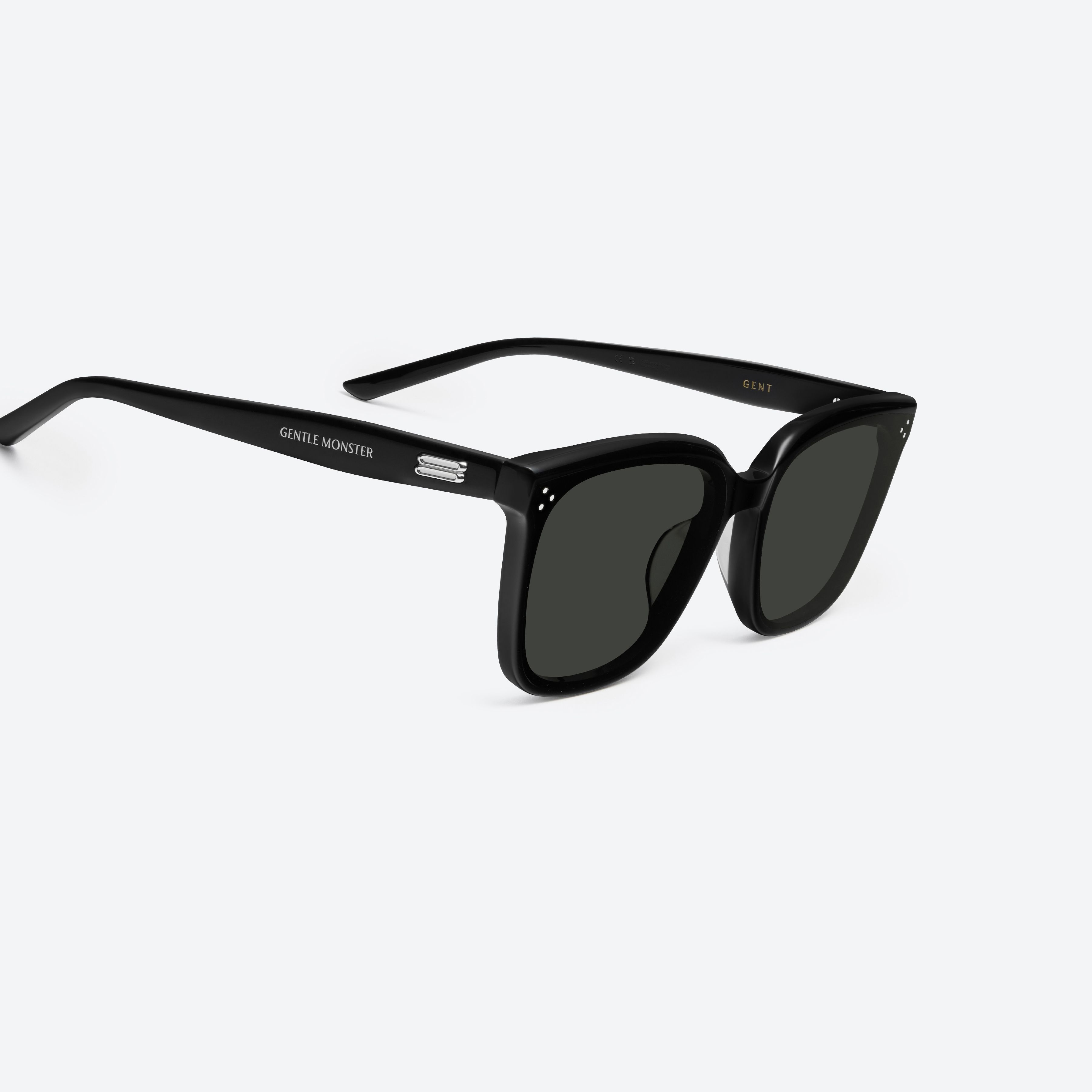 45-degree detailed view of Gentle Monster Gent 01 Recycled Similar Black Acetate Renew framed Square sunglasses.