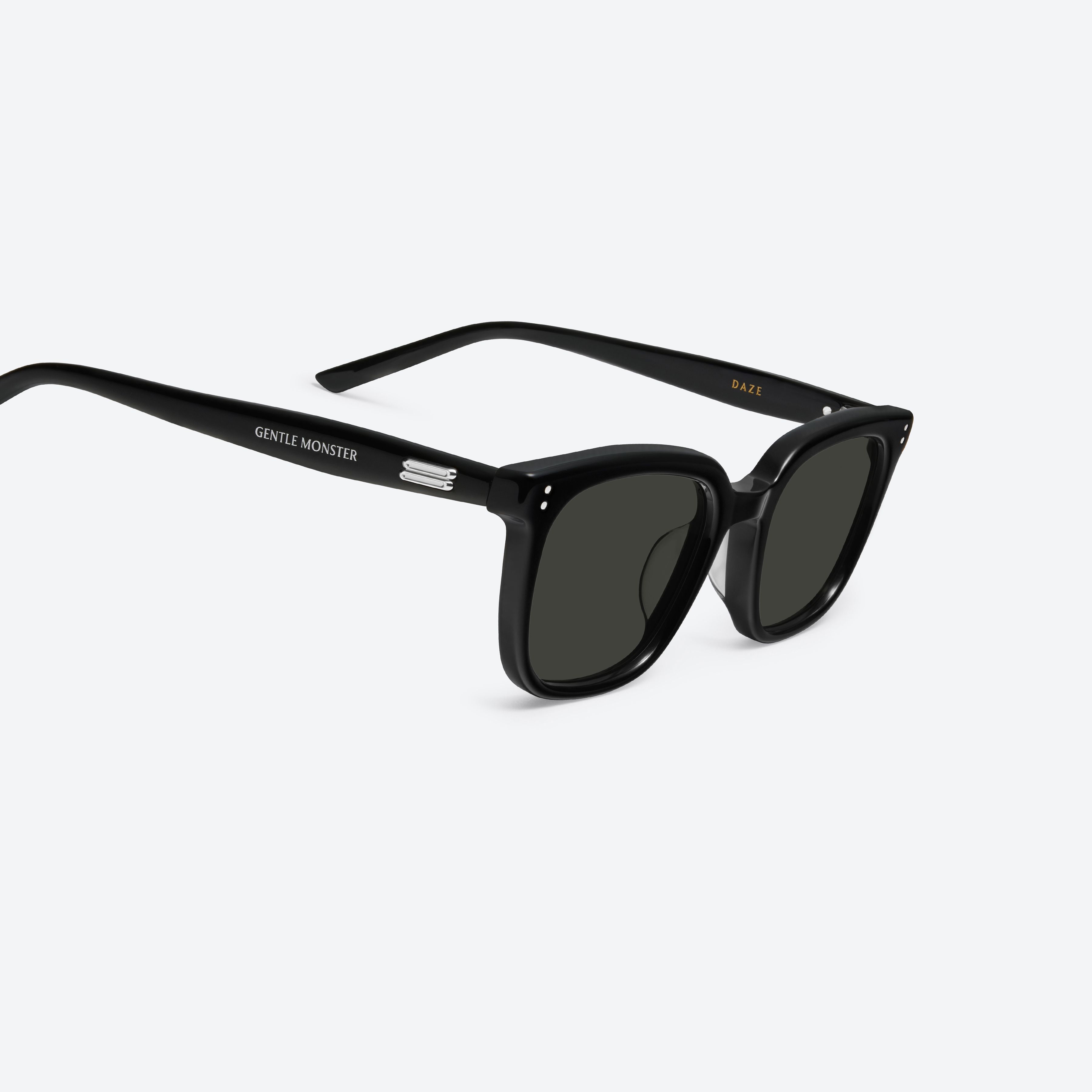 45-degree detailed view of Gentle Monster Daze 01 Recycled Similar Black Acetate Renew framed Square sunglasses.