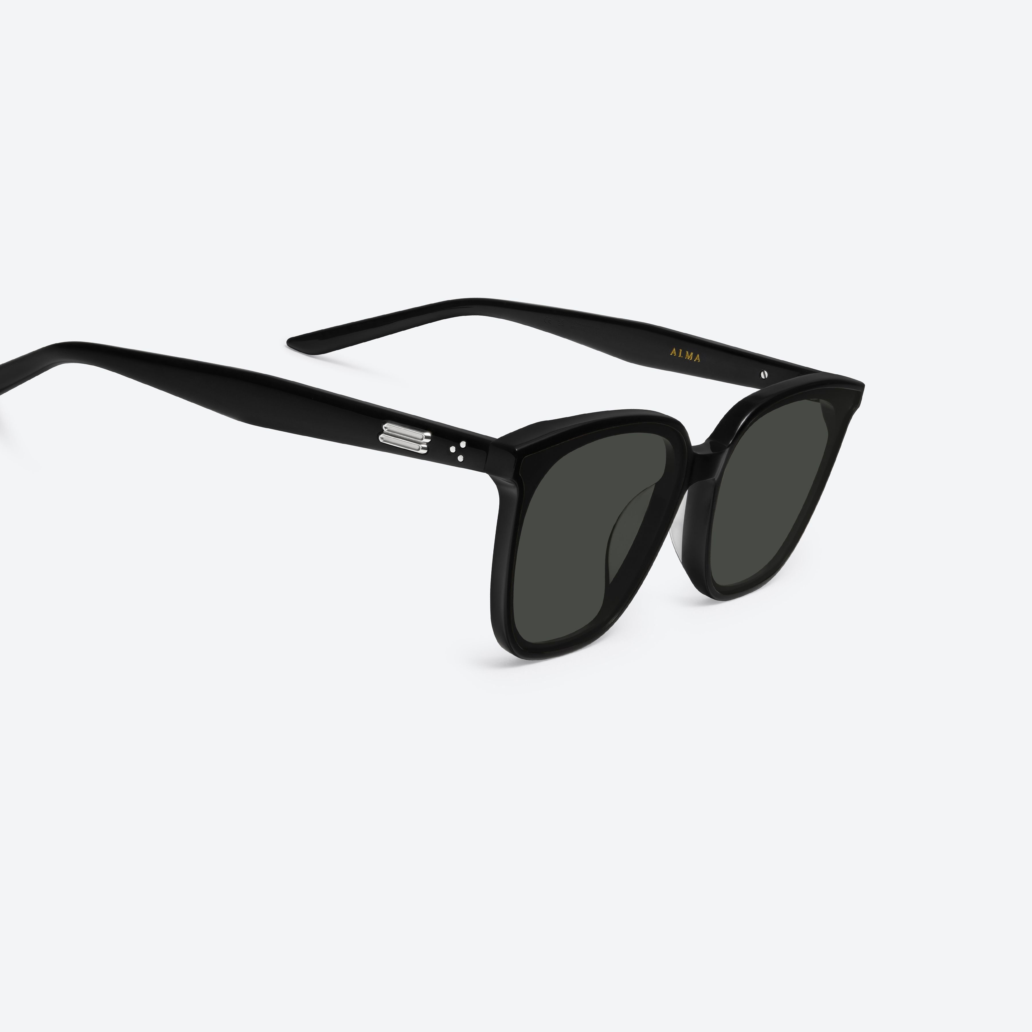 45-degree detailed view of Gentle Monster Alma 01 Recycled Similar Black Acetate Renew framed Square sunglasses.
