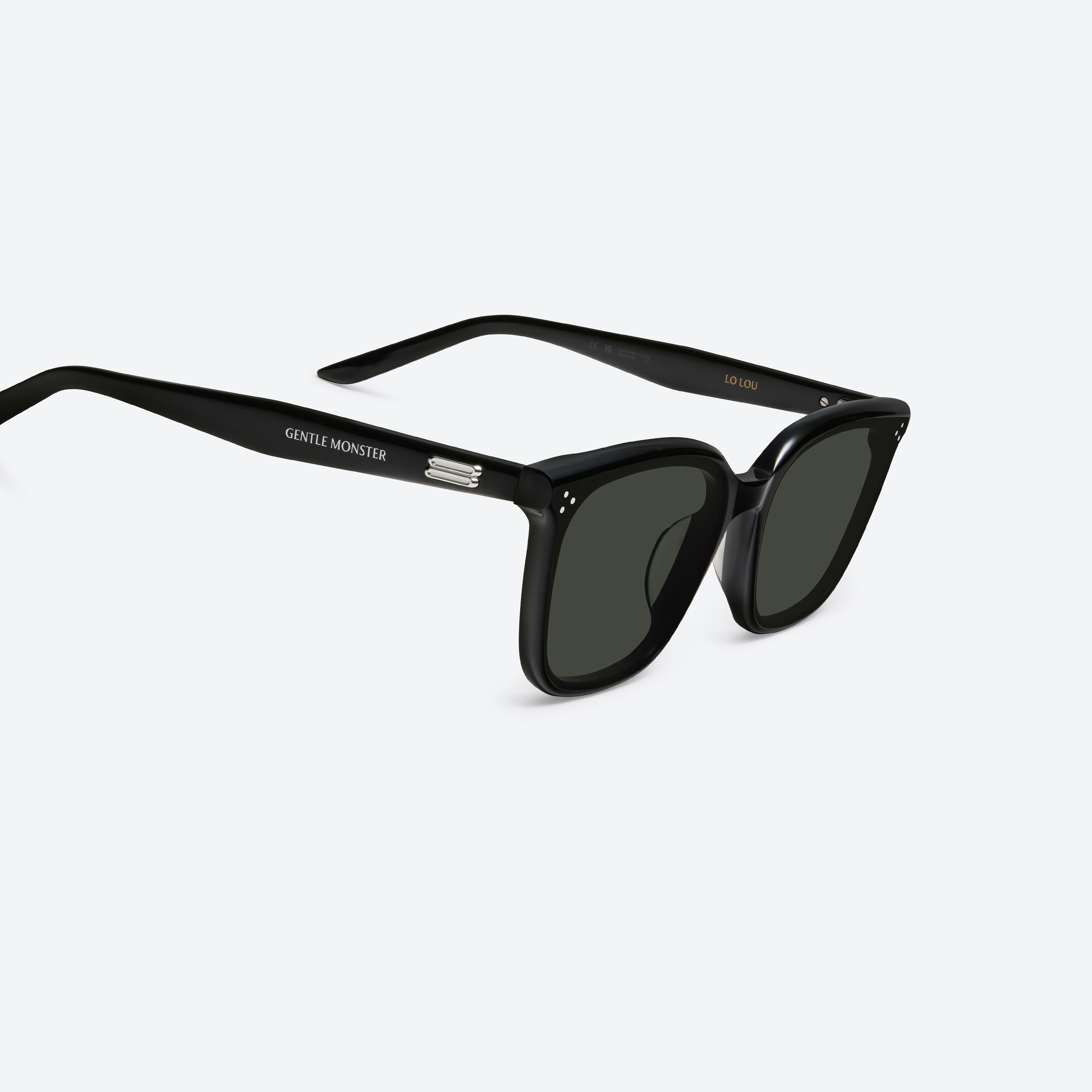 45-degree detailed view of Gentle Monster Lo Lou 01 Recycled Similar Black Acetate Renew framed Square sunglasses.