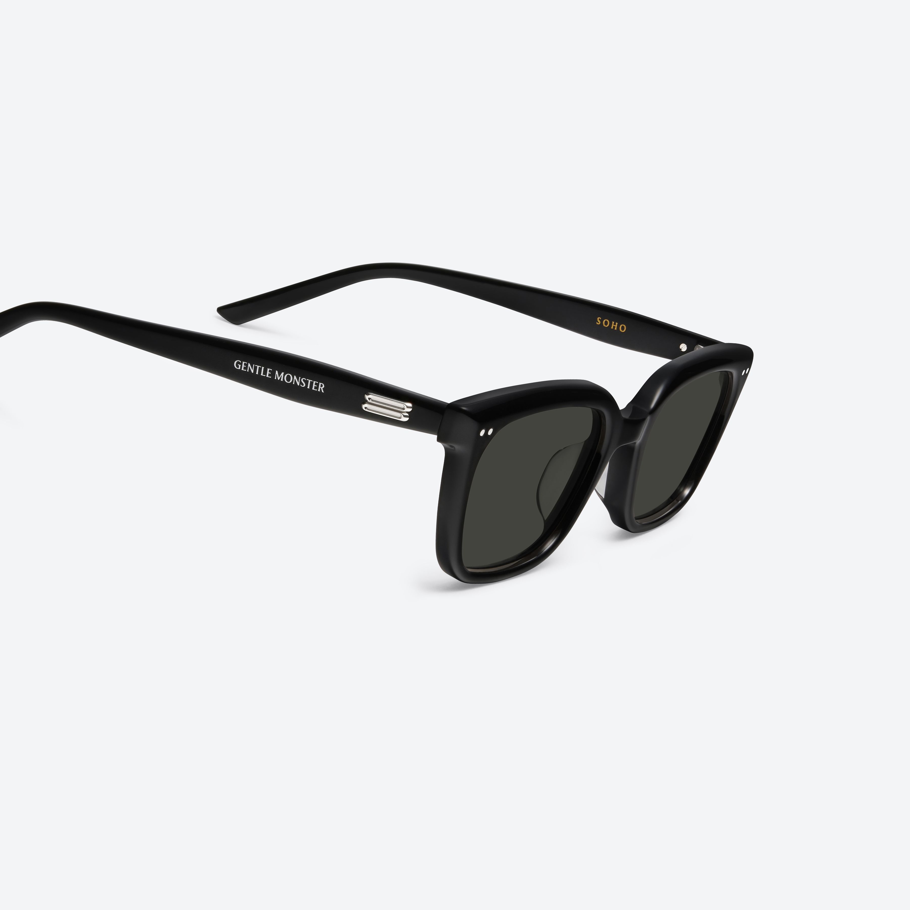 45-degree detailed view of Gentle Monster Soho 01 Recycled Similar Black Acetate Renew framed Square sunglasses.