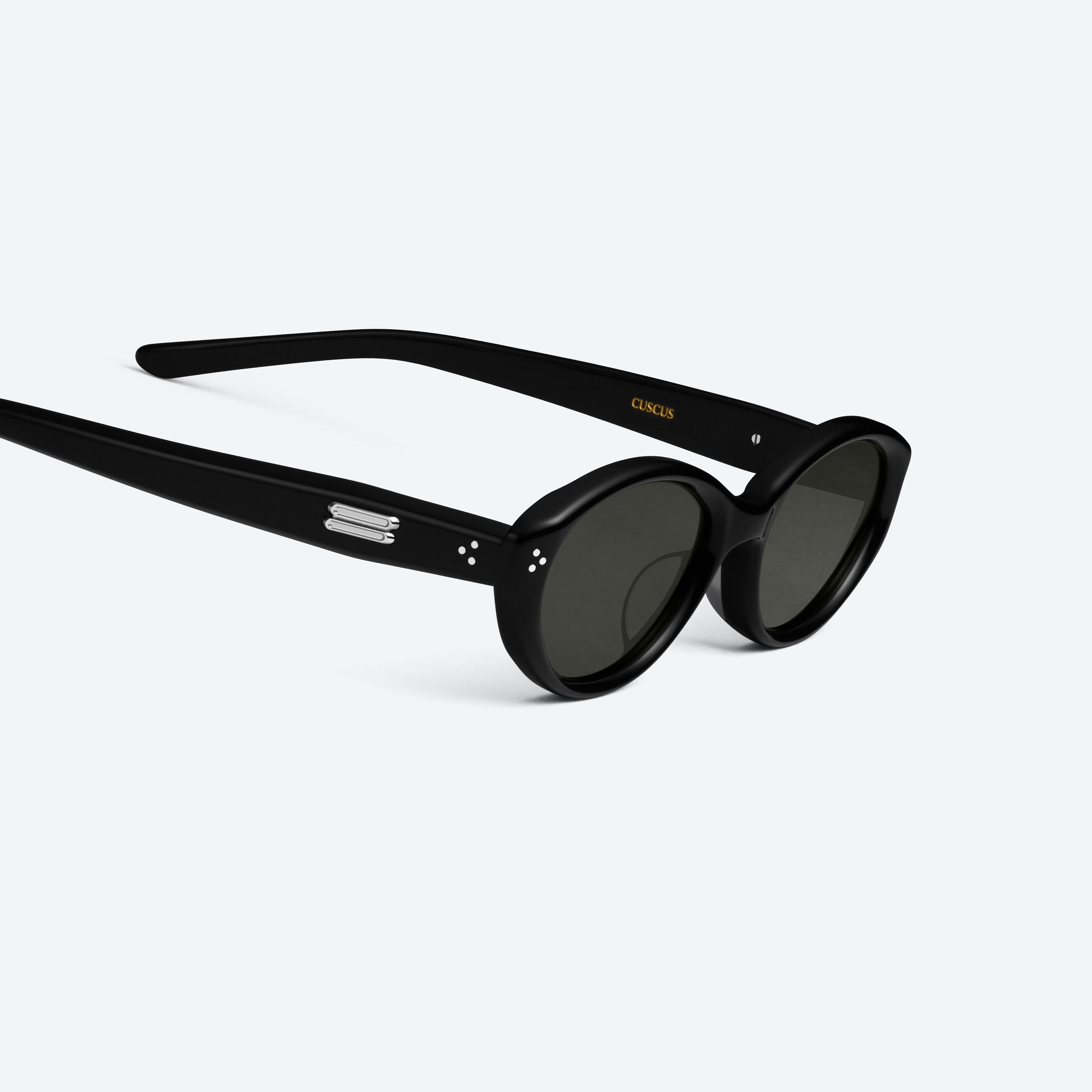 45-degree detailed view of Gentle Monster Cuscus 01 Recycled Similar Black Acetate Renew framed Oval sunglasses.