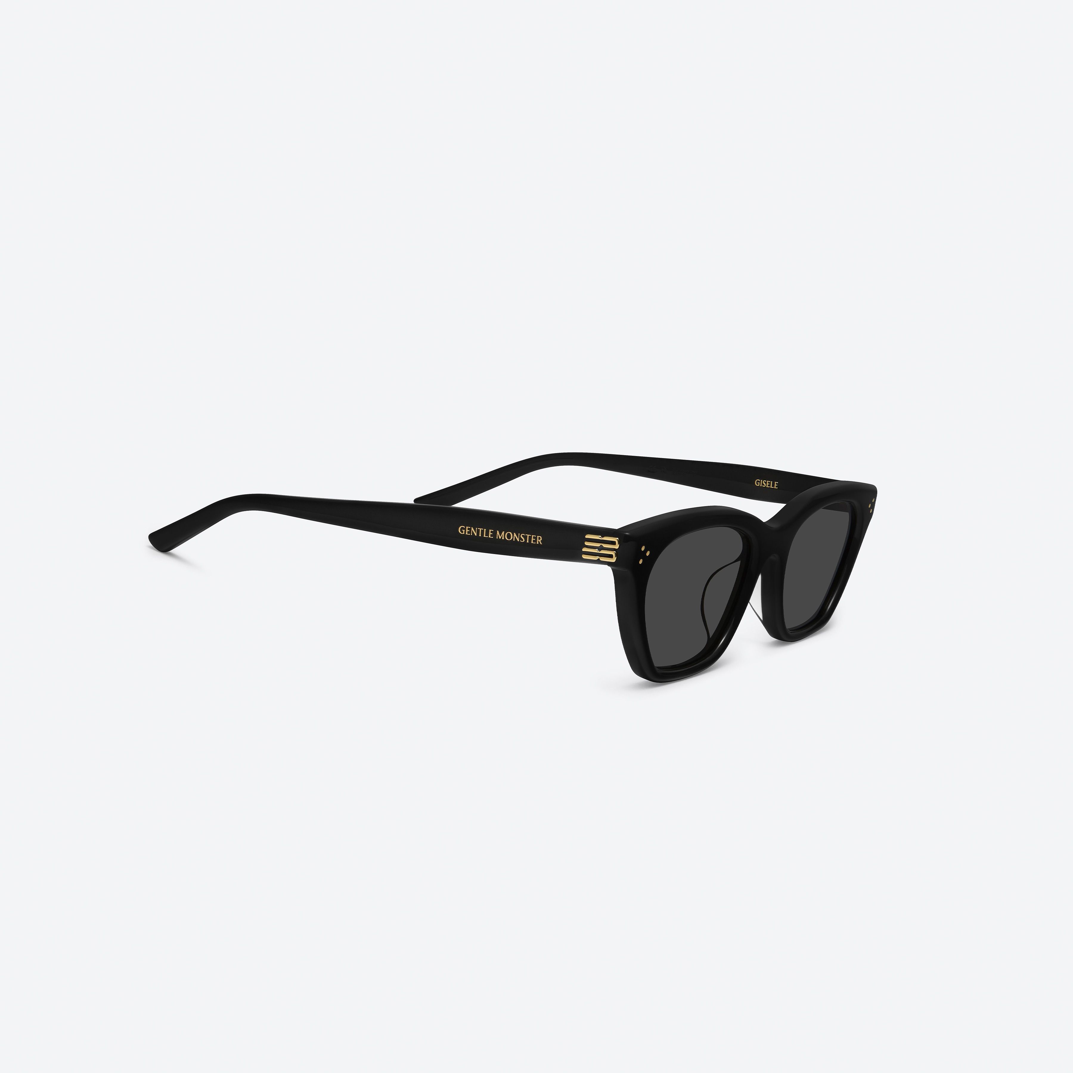 45-degree detailed view of Gentle Monster Gisele 01 Recycled Similar Black Acetate Renew framed Cat-eye sunglasses.