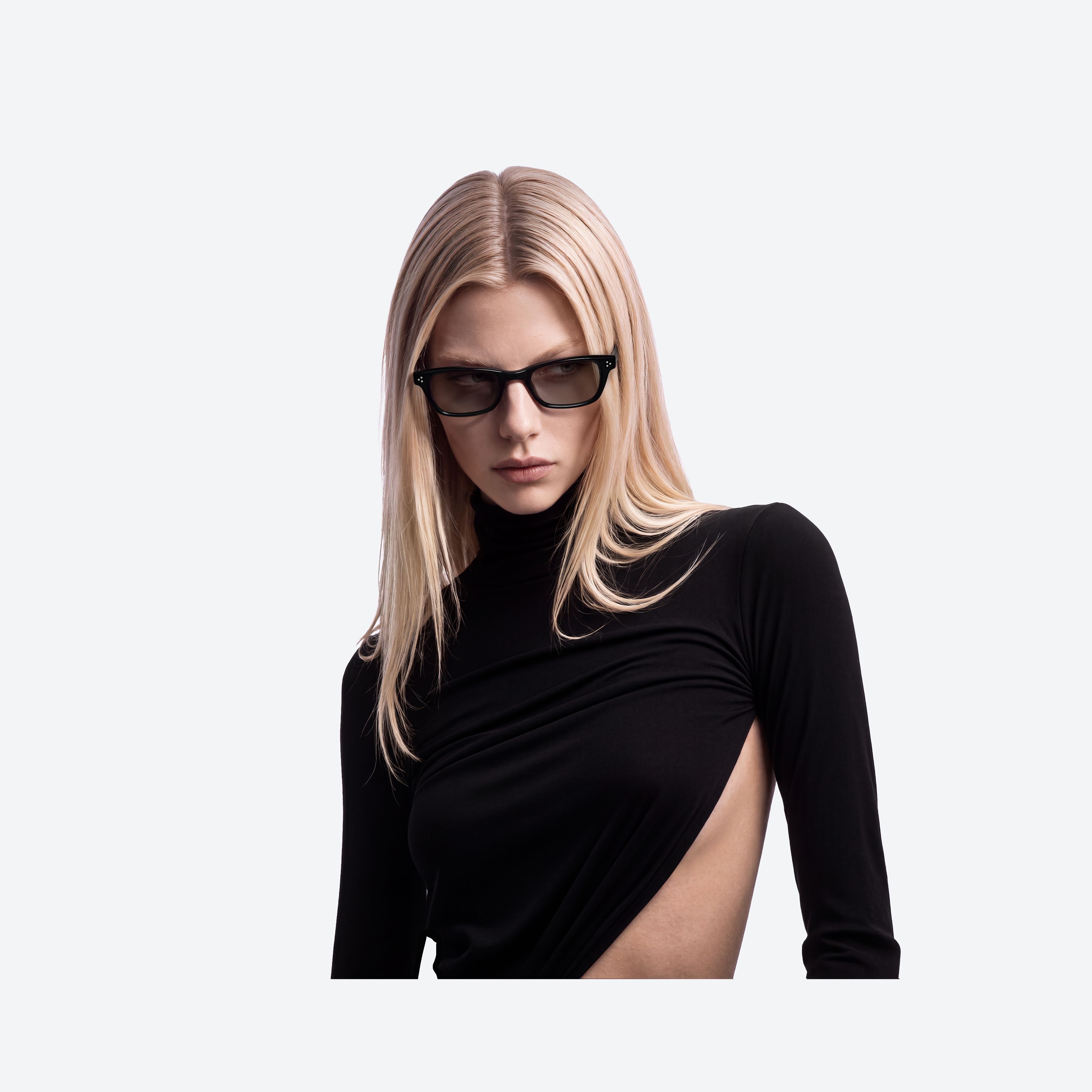 Model wearing the Jane 01(g) Black Acetate framed Cat-eye sunglasses.