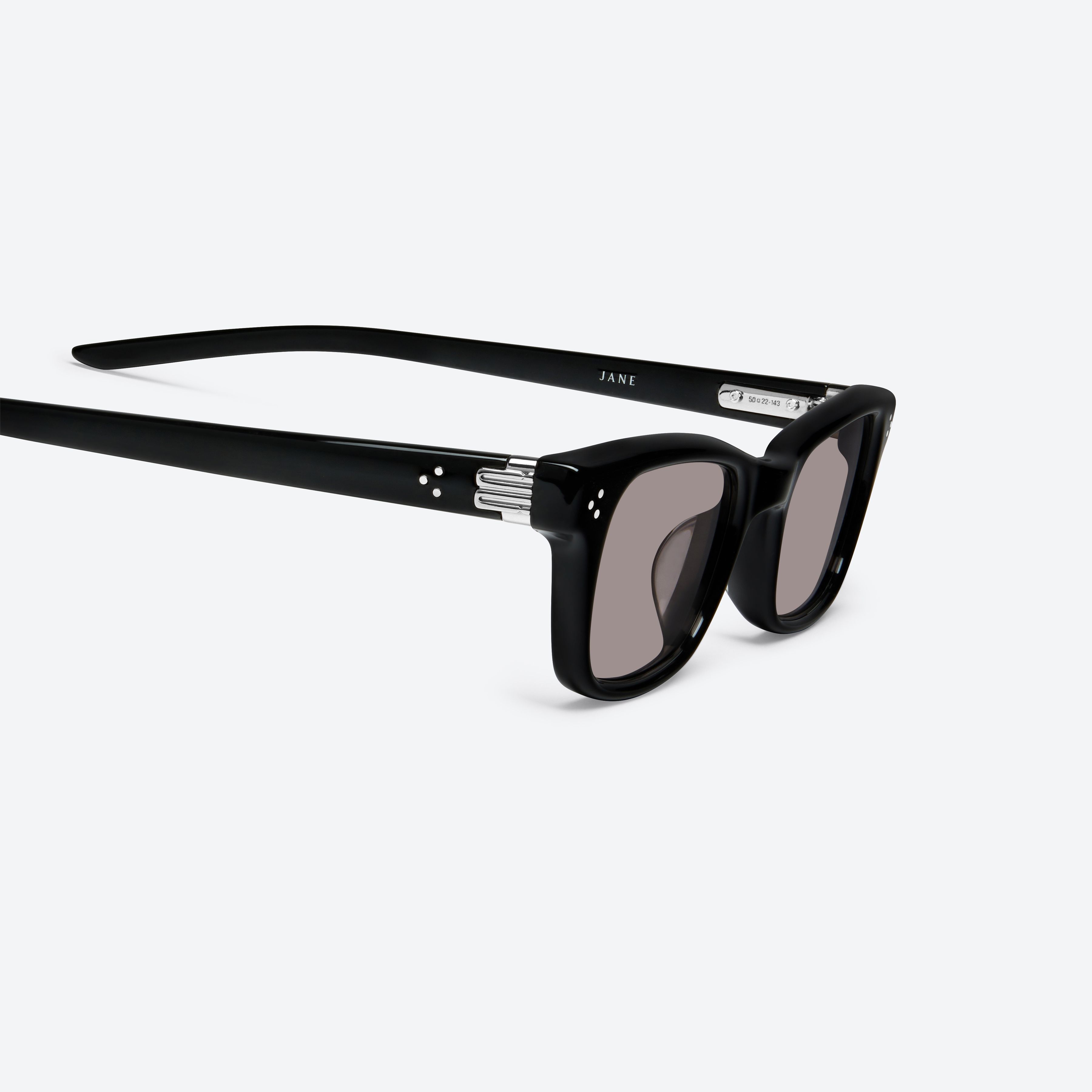 45-degree detailed view of Gentle Monster Jane 01(g) Black Acetate framed Cat-eye sunglasses.