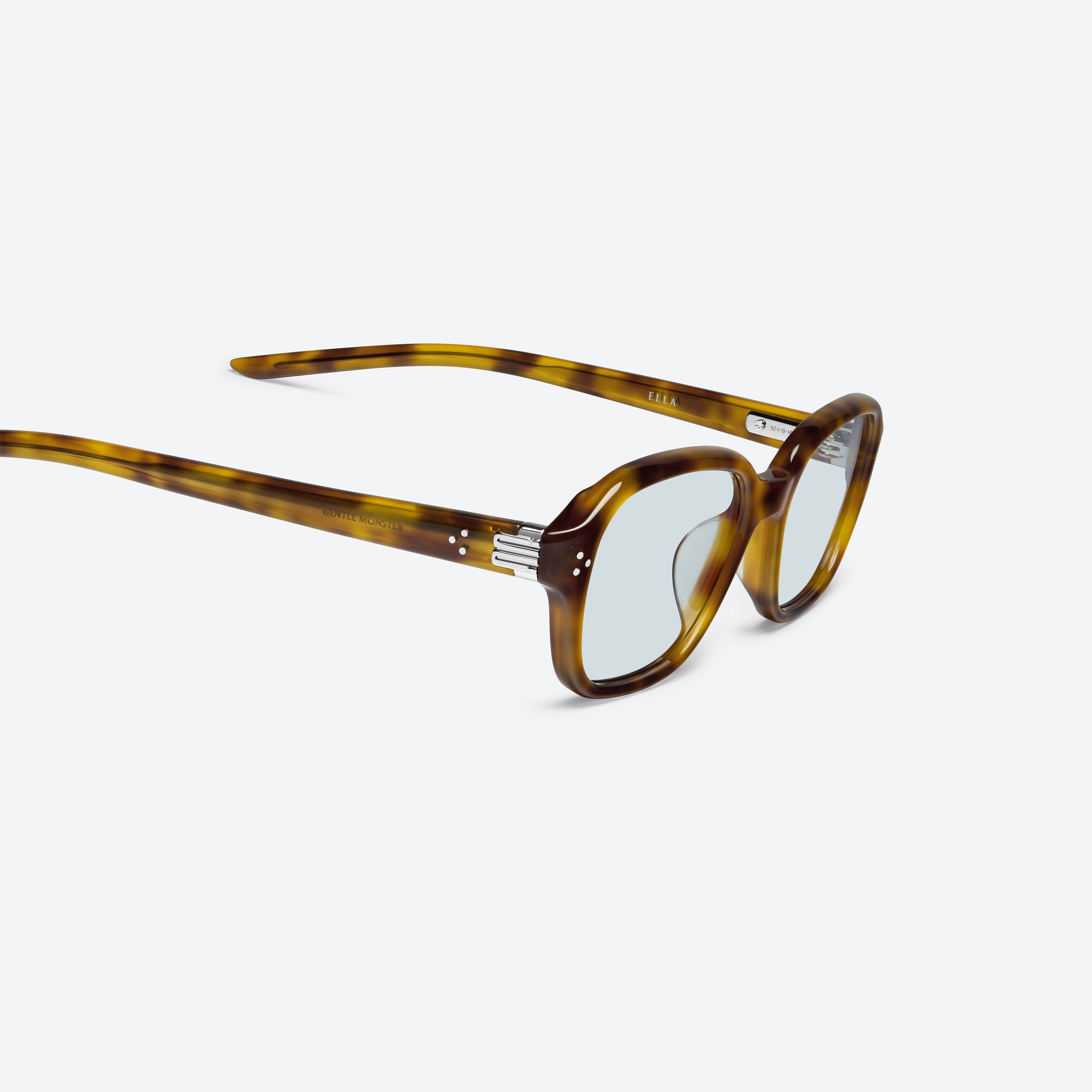 45-degree detailed view of Gentle Monster Ella T6 Tortoise Acetate framed Square sunglasses.