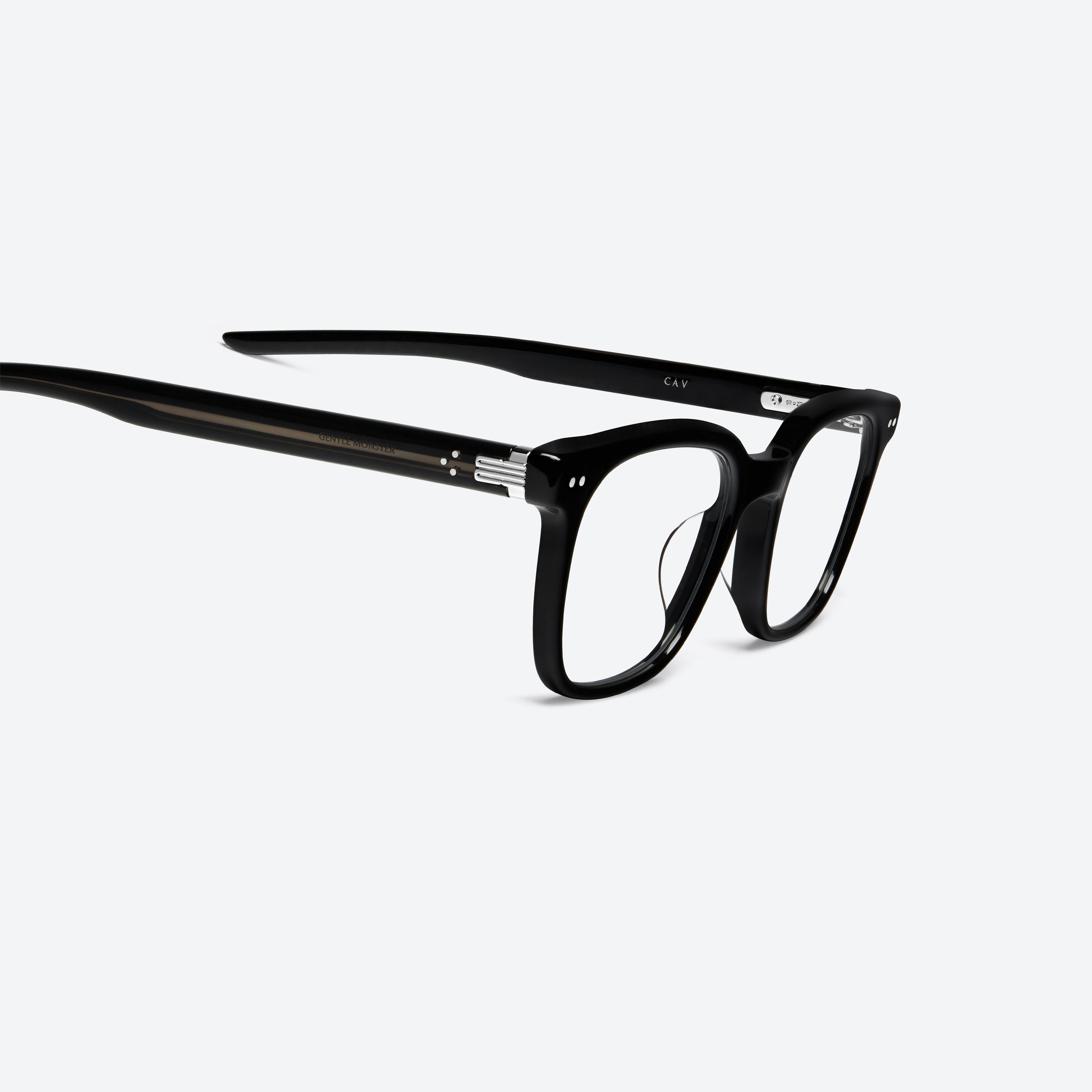 45-degree detailed view of Gentle Monster Cav 01 Black Acetate framed Square glasses.