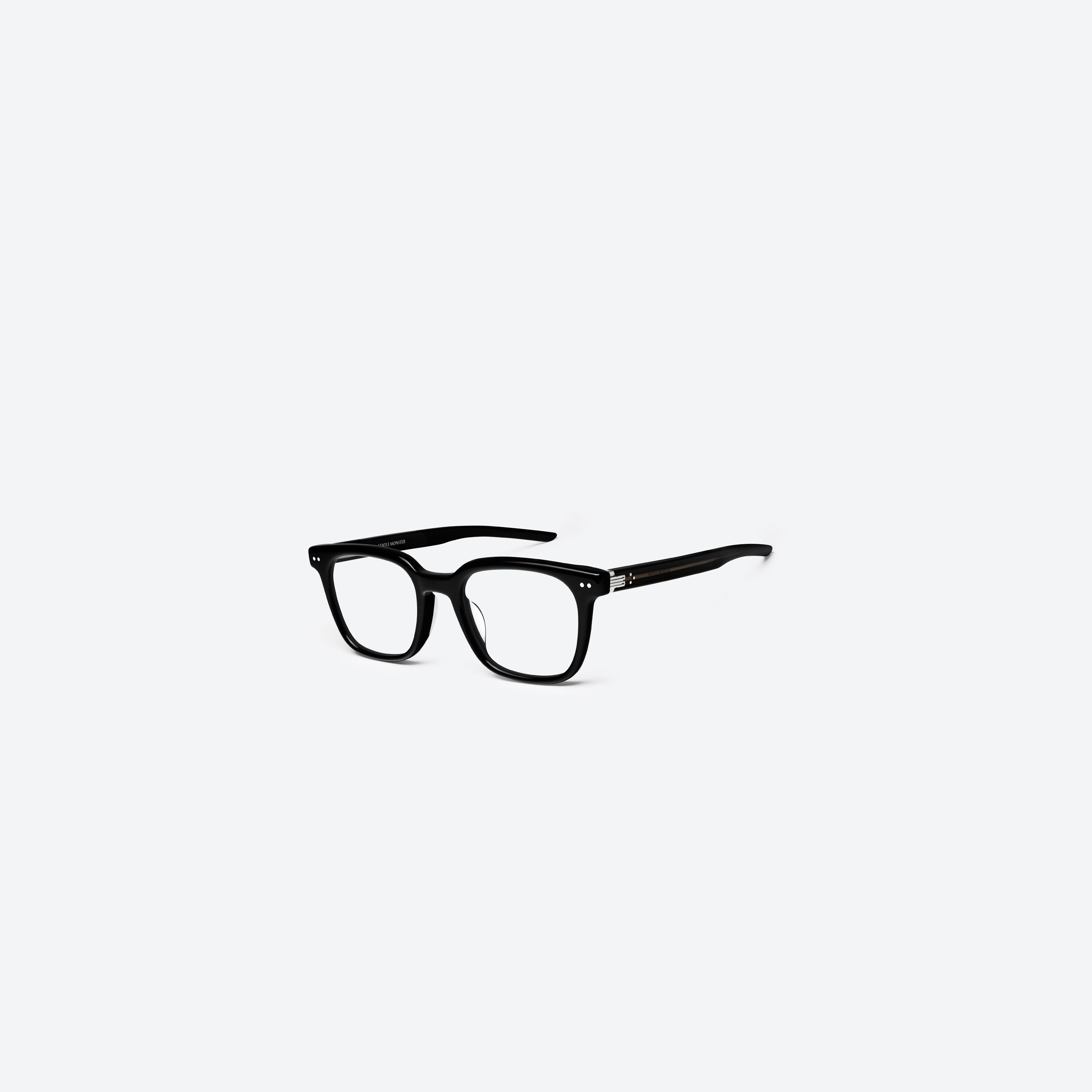 45-degree view of Gentle Monster Cav 01 Black Acetate framed Square glasses.