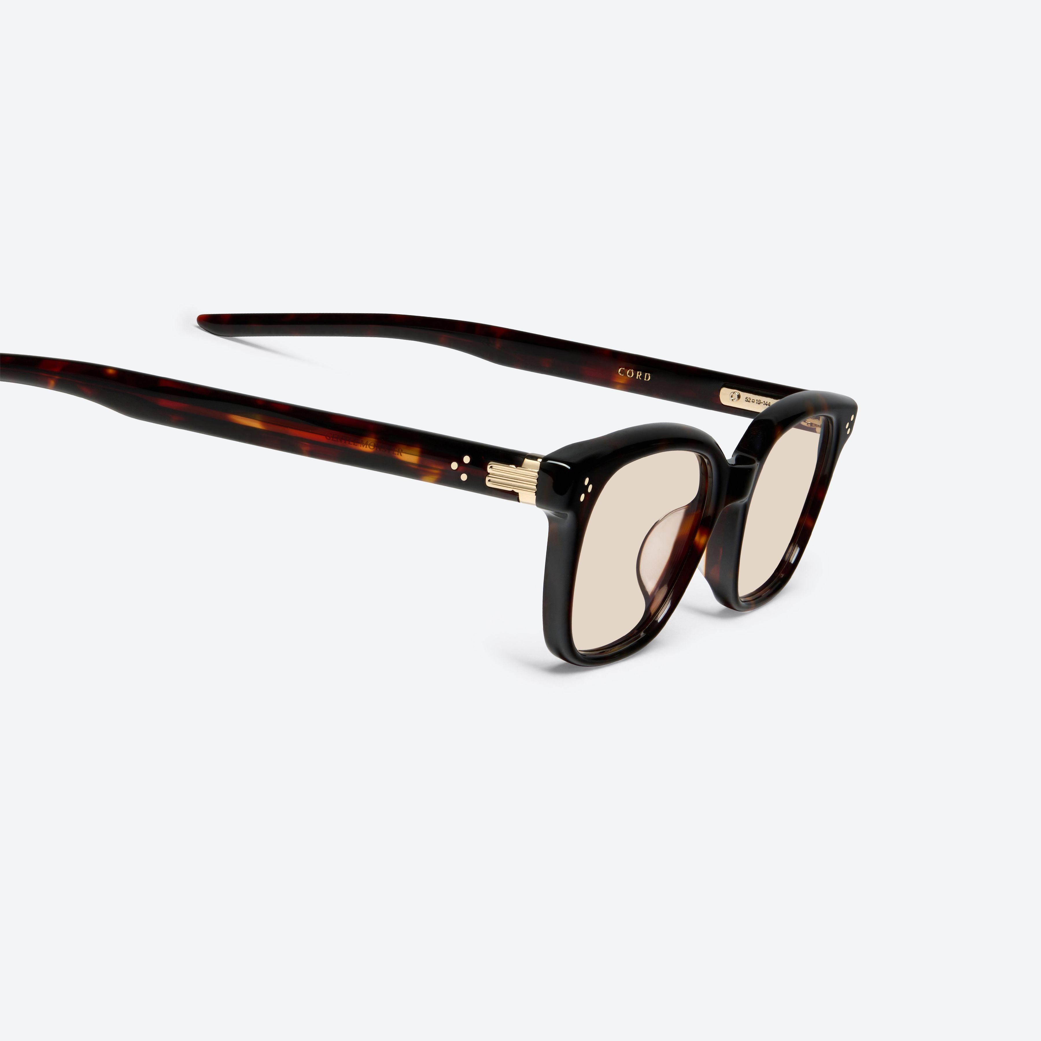 45-degree detailed view of Gentle Monster Cord T1 Tortoise Acetate framed Square sunglasses.