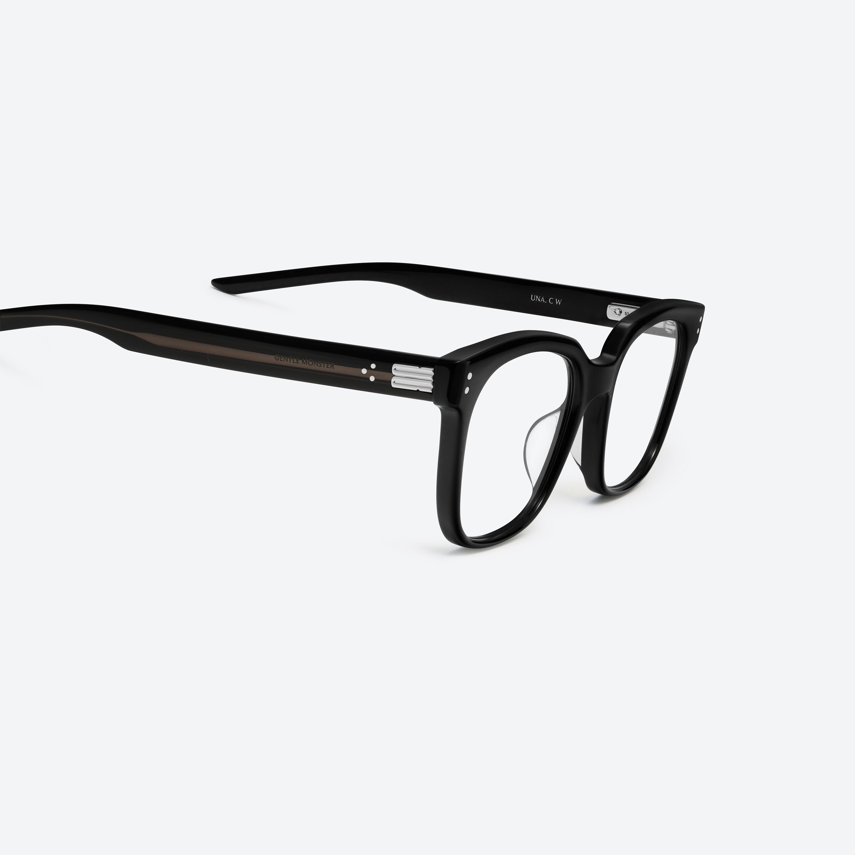 45-degree detailed view of Gentle Monster Una.c W 01 Black Acetate framed Square glasses.