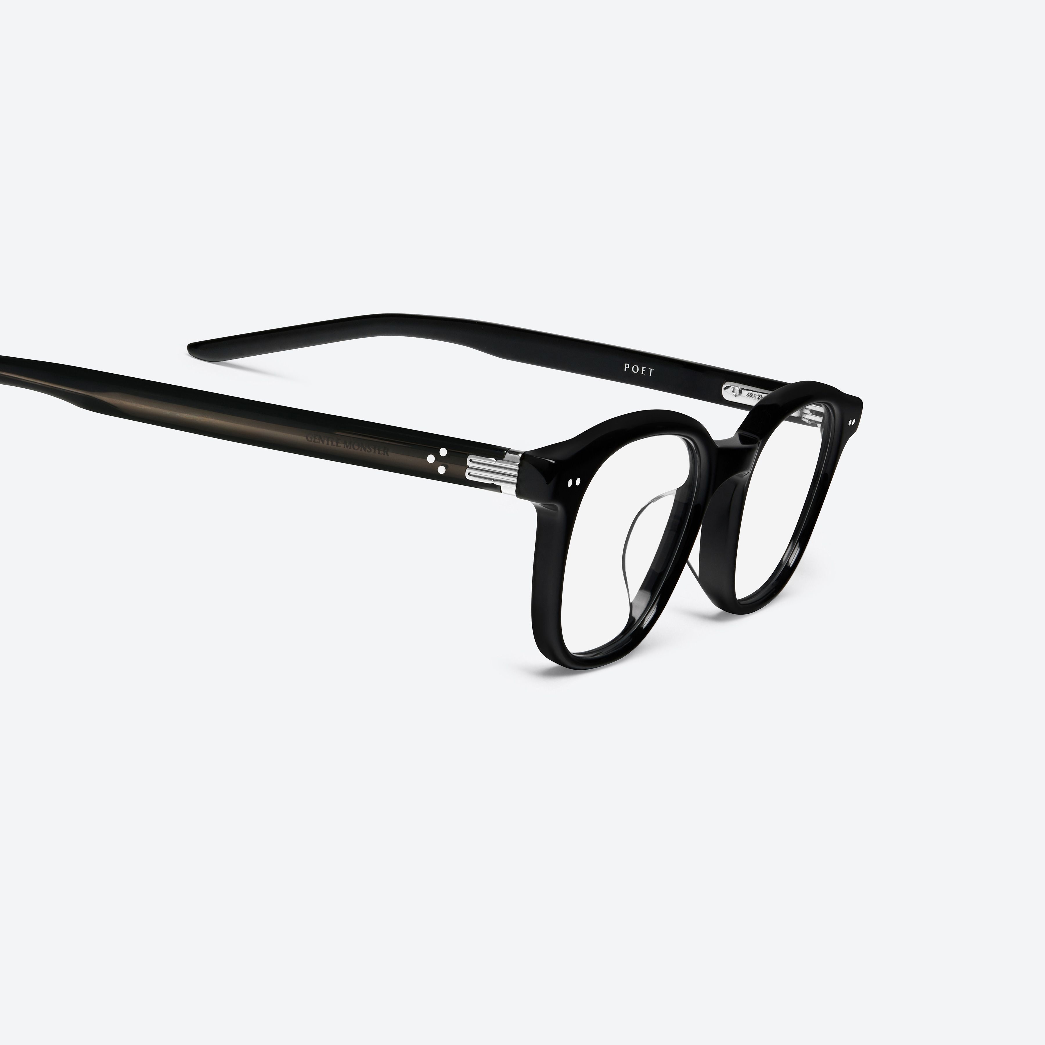 45-degree detailed view of Gentle Monster Poet 01 Black Acetate framed Square glasses.