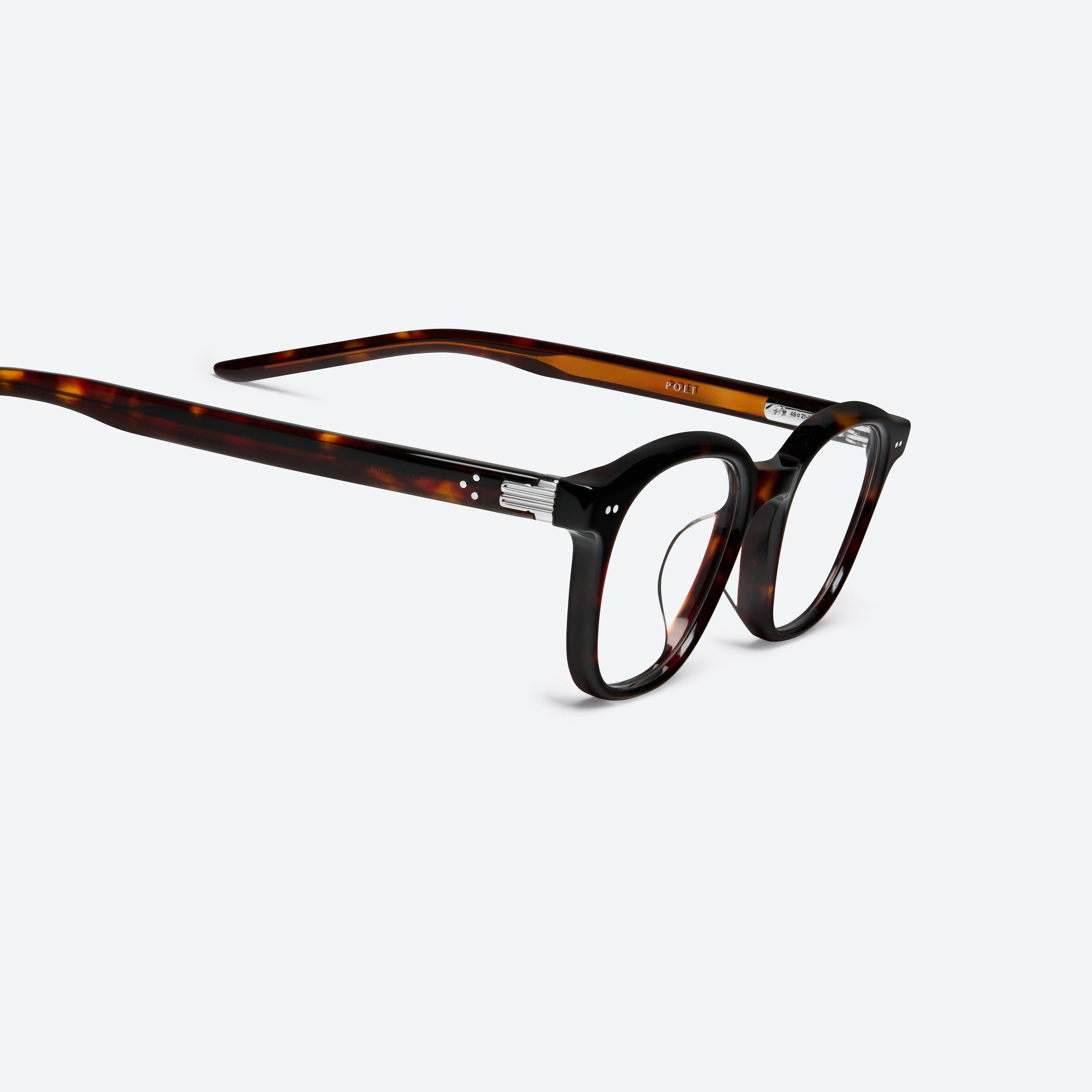 45-degree detailed view of Gentle Monster Poet T1 Tortoise Acetate framed Square glasses.