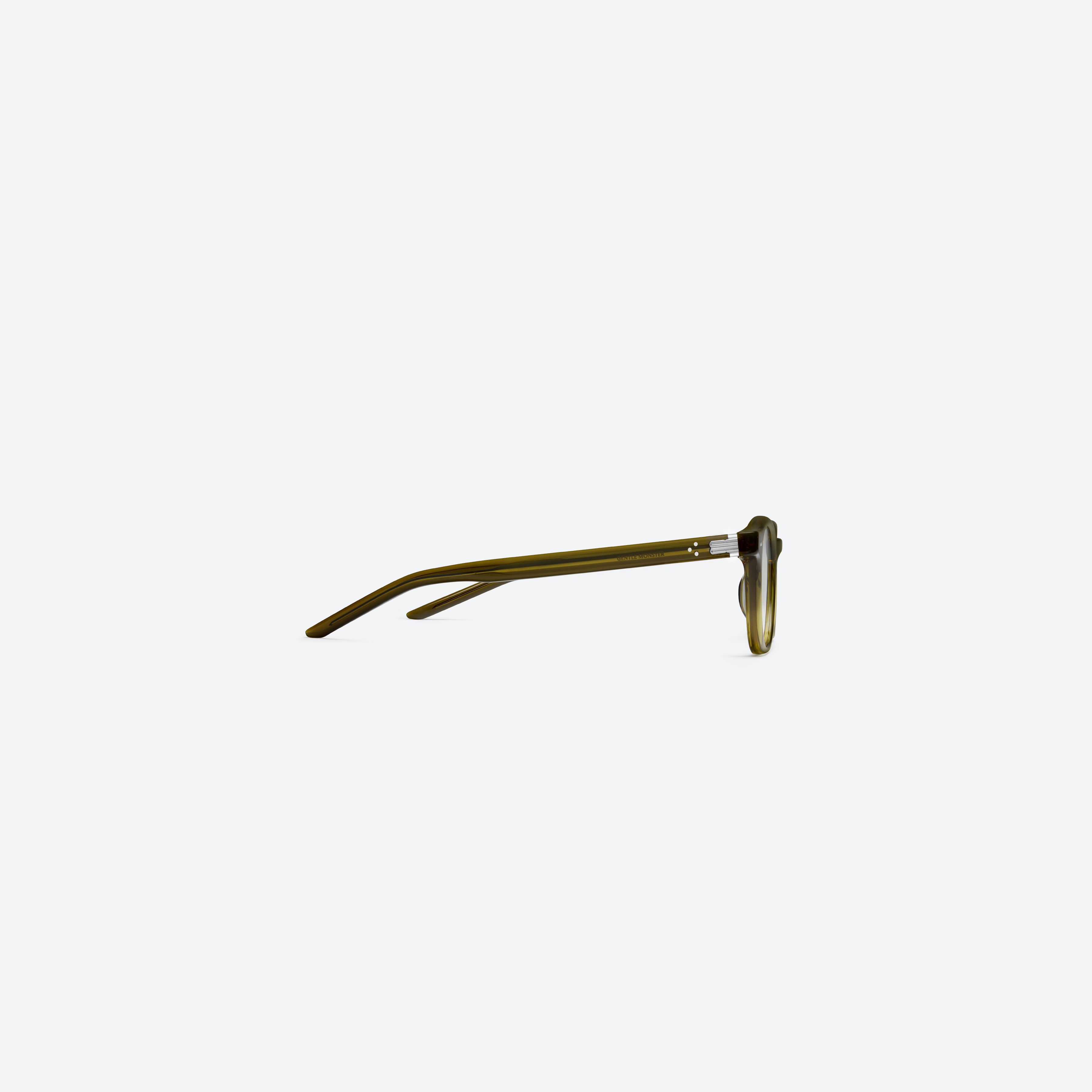 A detailed right view of Gentle Monster Poet Brc20 Brown Acetate framed Square glasses.