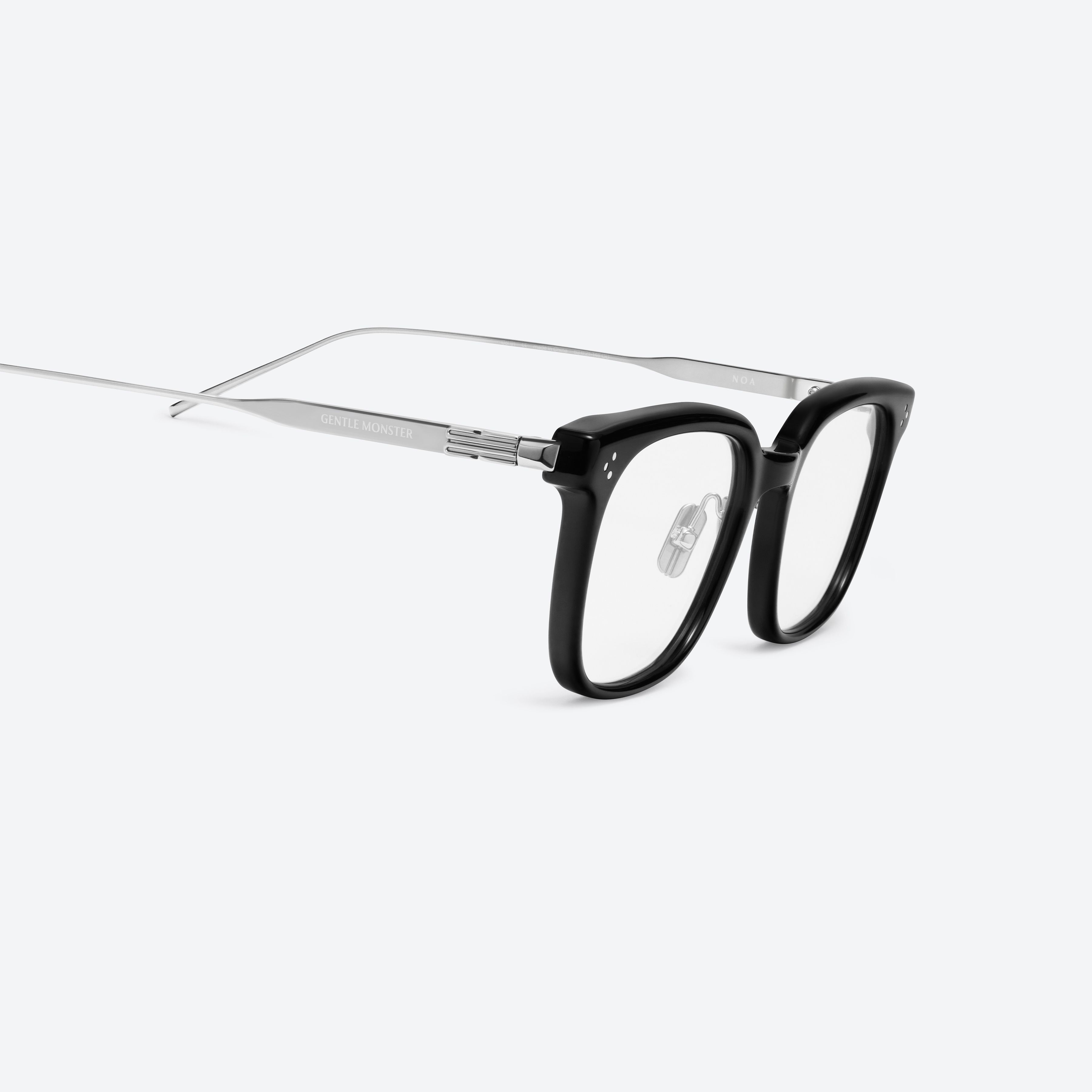 45-degree detailed view of Gentle Monster Noa 01 Black Mixed framed Square glasses.