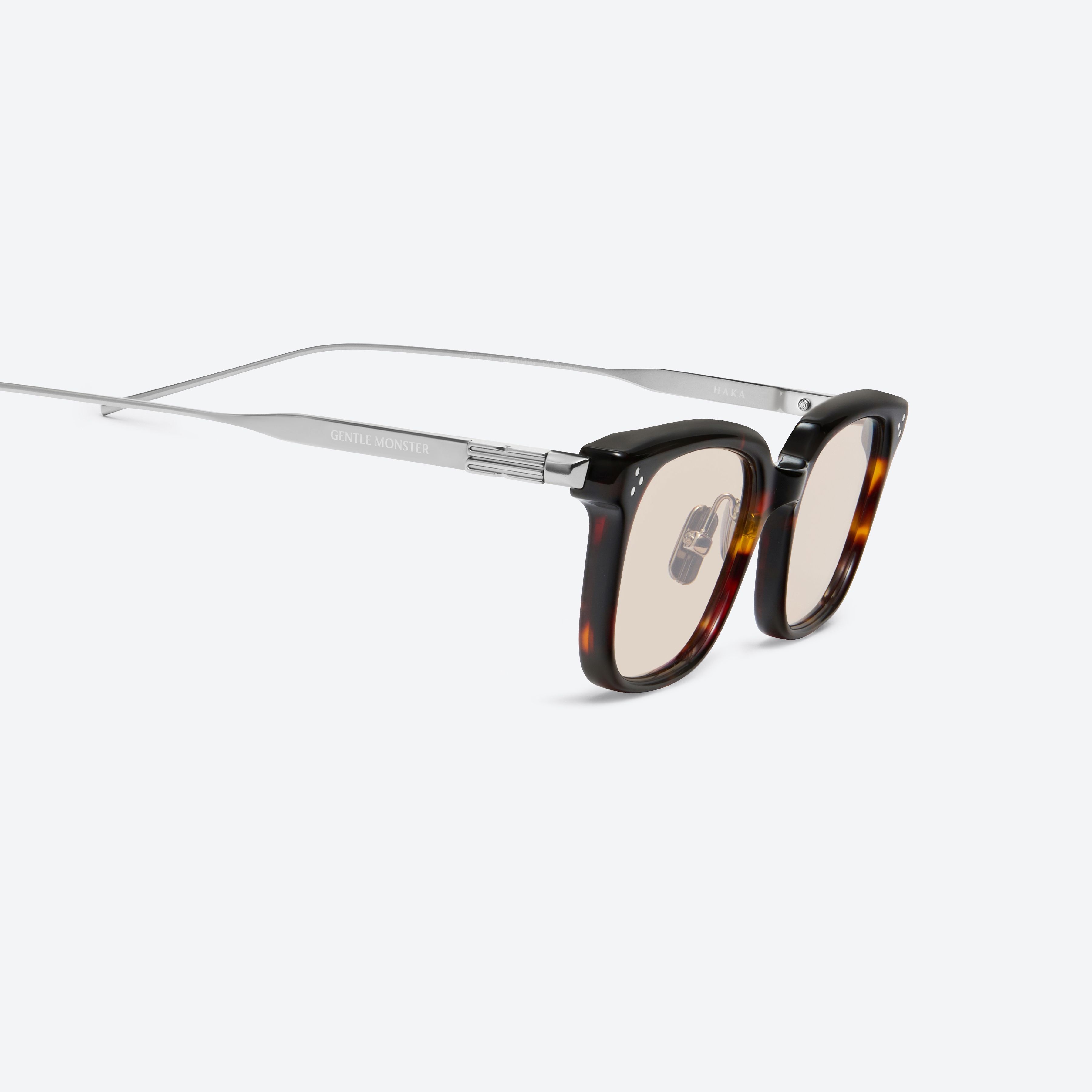 45-degree detailed view of Gentle Monster Haka T1 Tortoise Mixed framed Square sunglasses.