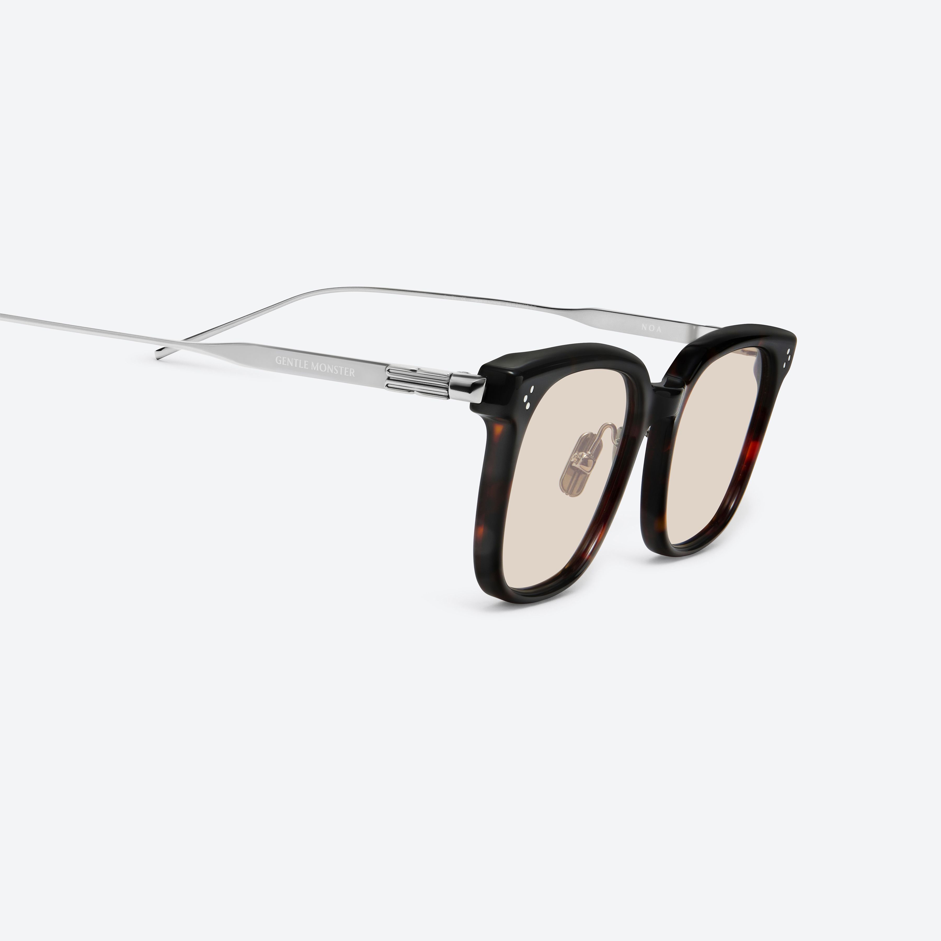 45-degree detailed view of Gentle Monster Noa T1 Tortoise Mixed framed Square sunglasses.