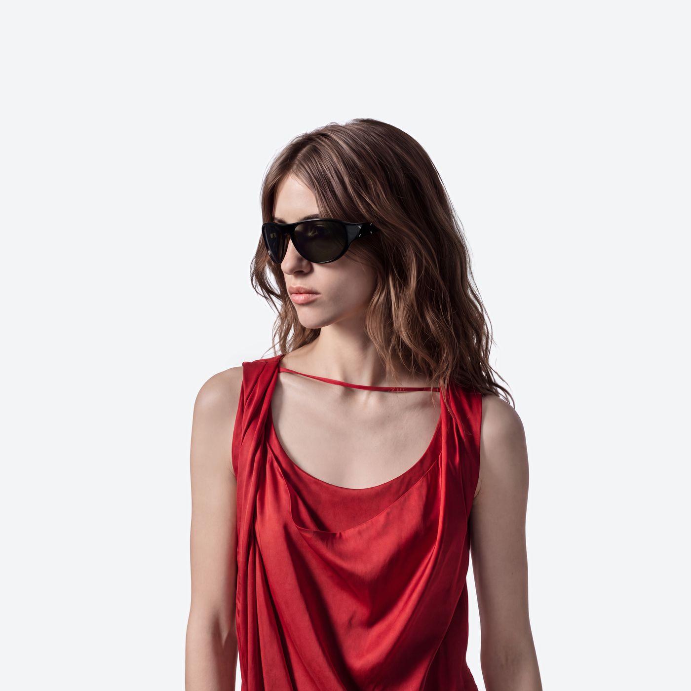 Model wearing the Maison Margiela - MM325S 01 Black Acetate framed Aviator sunglasses.