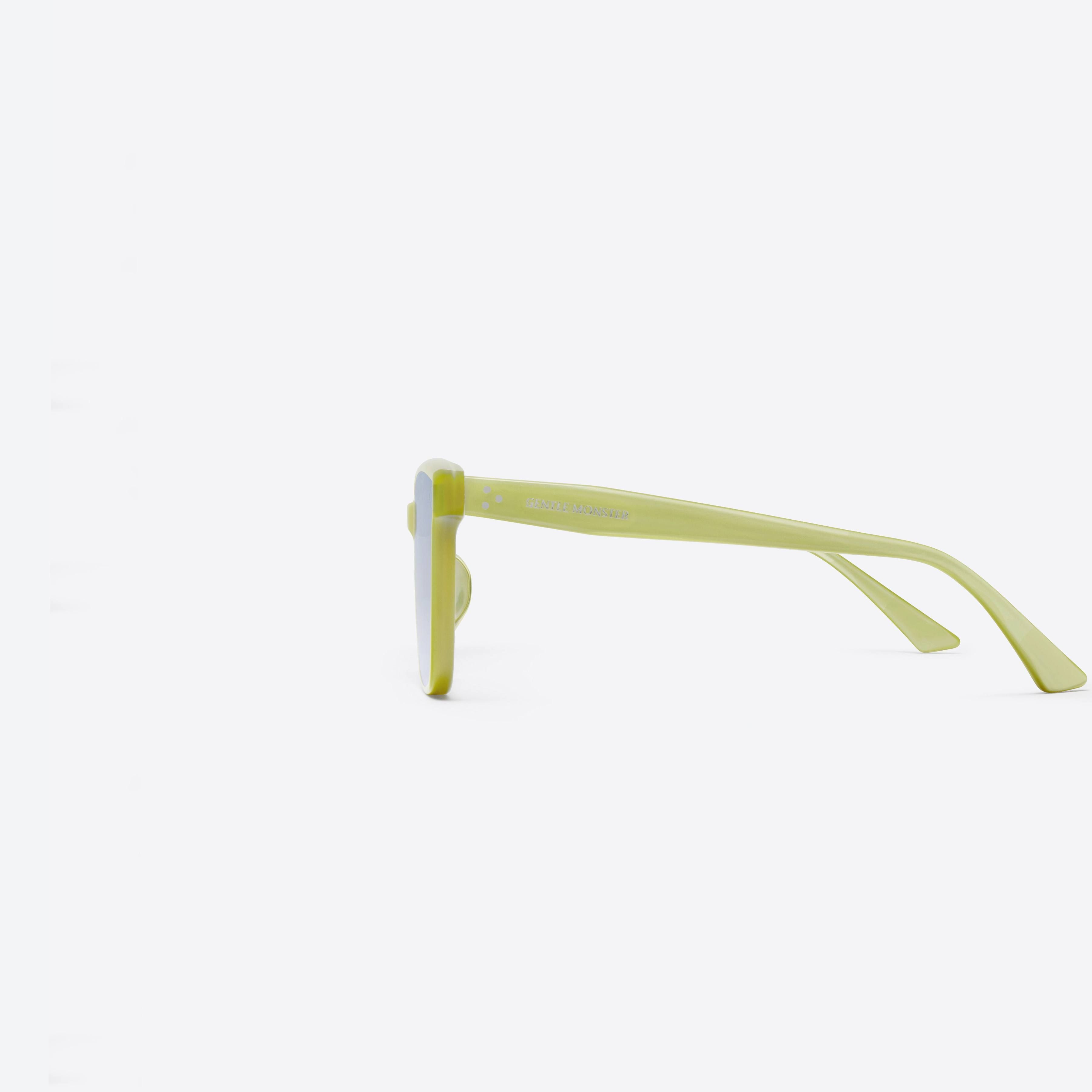 A detailed left view of Gentle Monster Alan Y9 Yellow Acetate framed Square sunglasses.