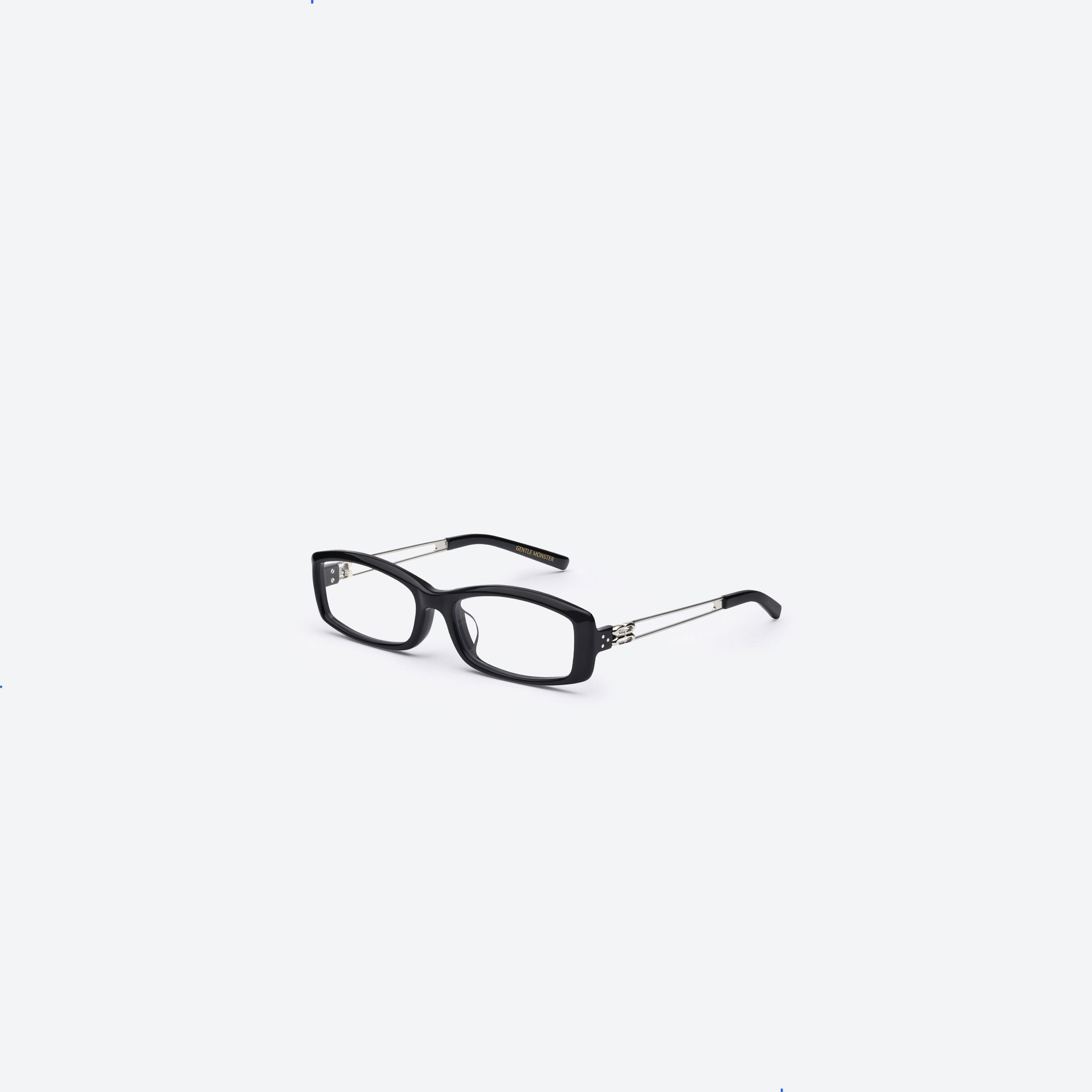 45-degree view of Gentle Monster Era 01 Black Mixed framed Square glasses.