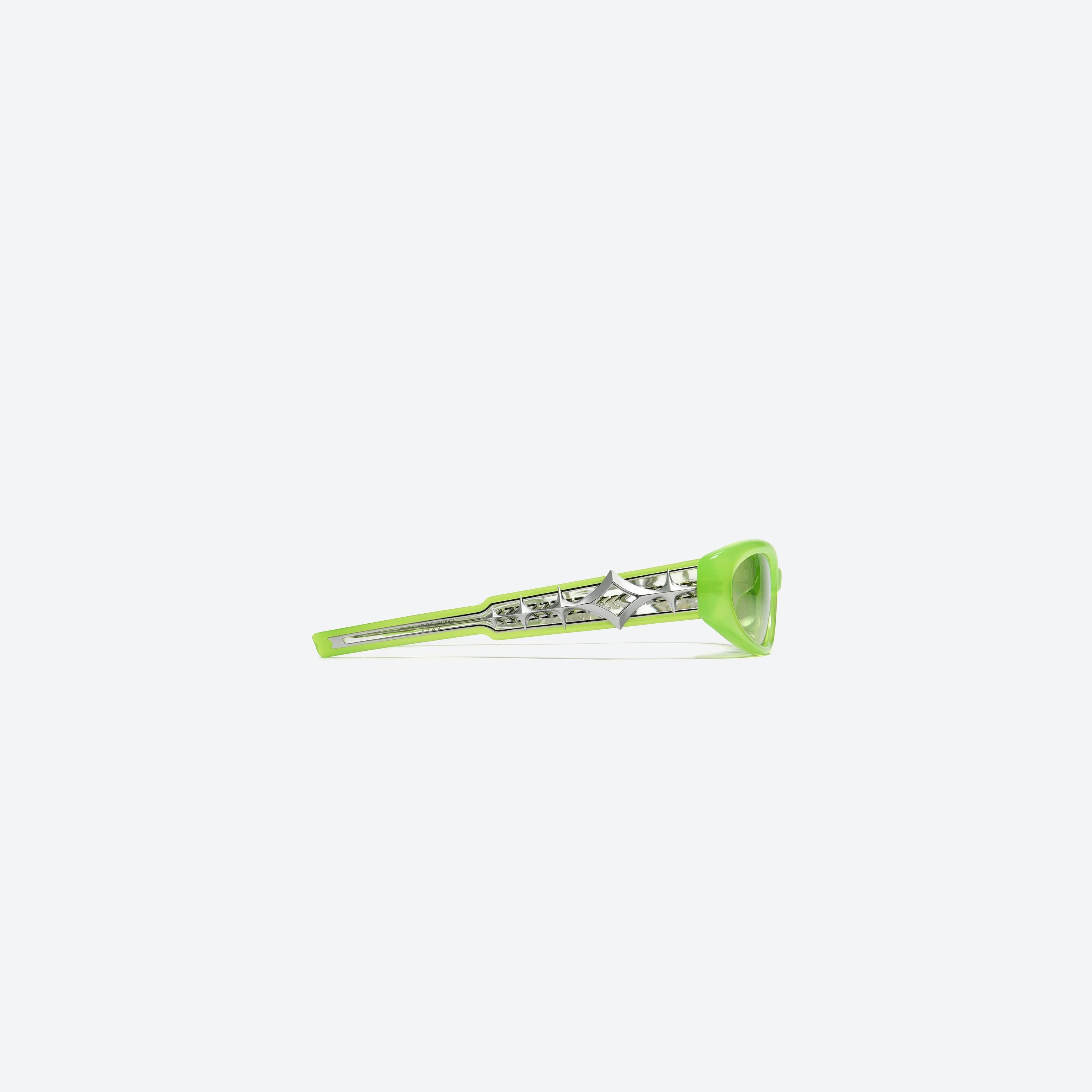 A detailed right view of Gentle Monster Awave GRC3 Green Acetate framed Wraparound glasses.